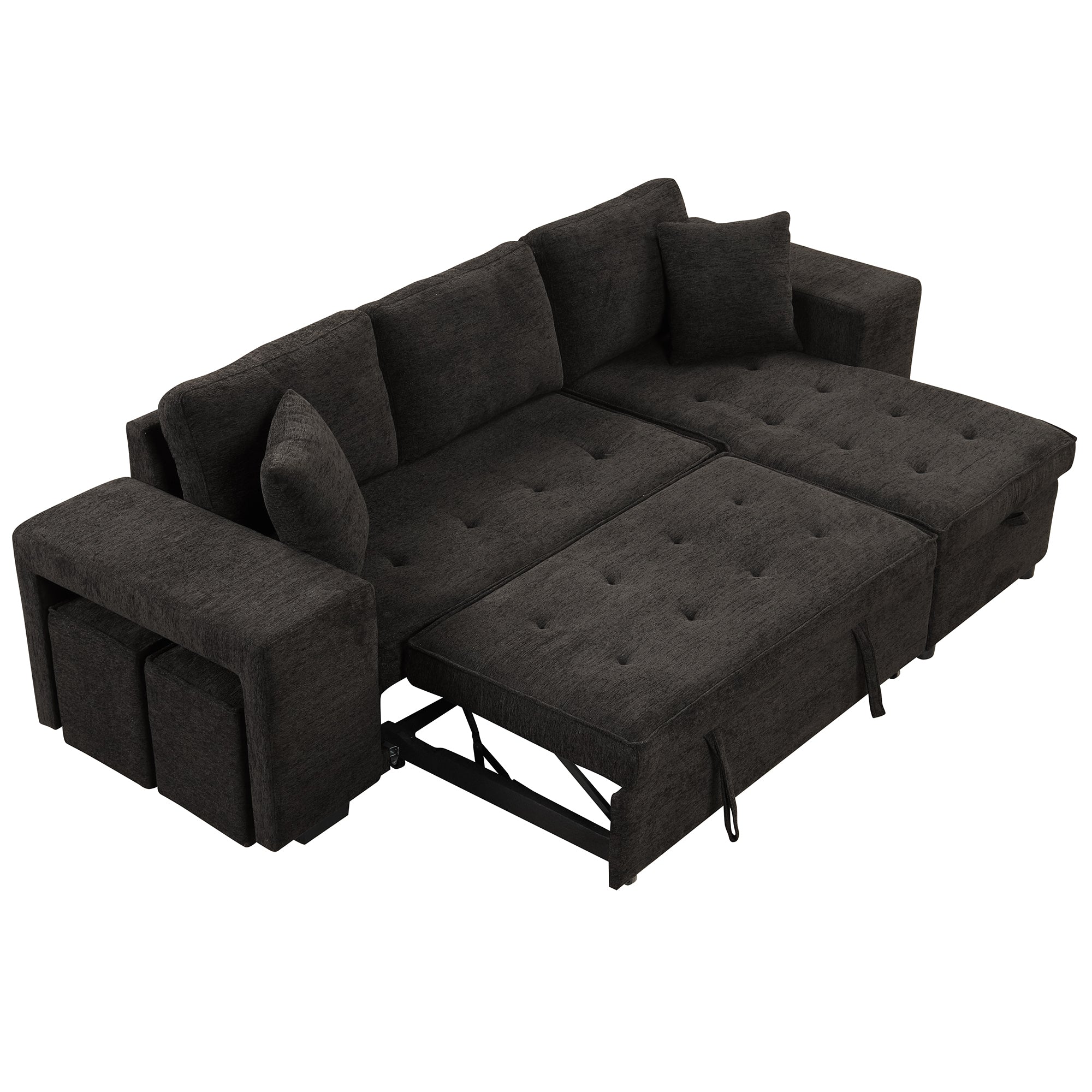 Modern L-Shape 3 Seat Reversible Sectional Couch with Pull Out Sleeper Sofa, Storage Chaise, 2 Stools, Charcoal Grey, Linen Chenille - Grand Goldman Shop