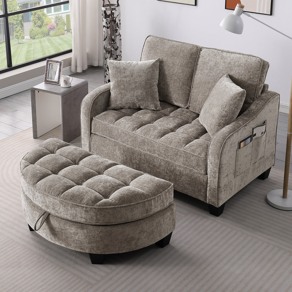 Two-seater sofa, double sofa chaise longue, with irregular armrests and backrests, footrest with storage space, comes with two small throw pillows, suitable for living room and bedroom - Brown - Grand Goldman Shop