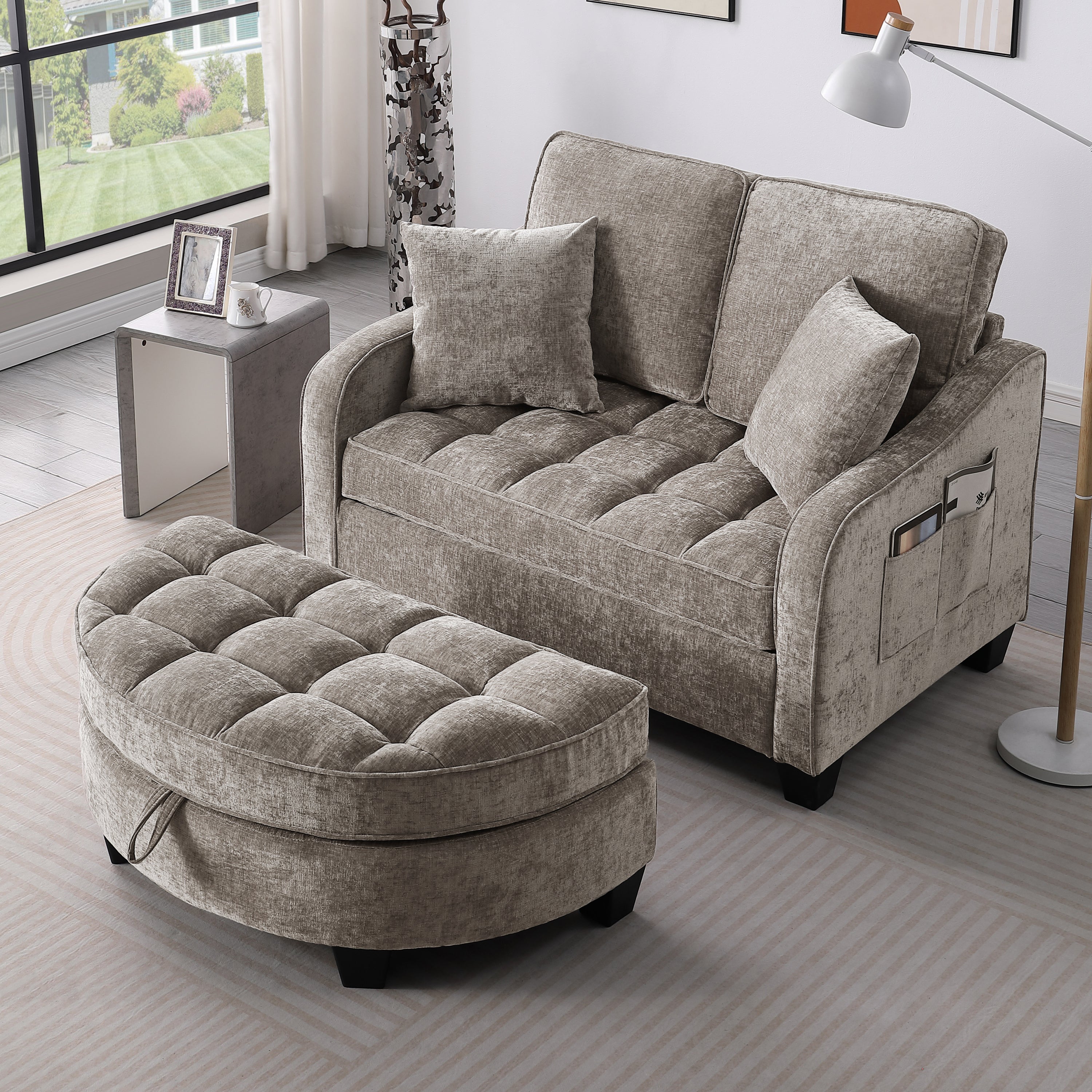 Two-seater sofa, double sofa chaise longue, with irregular armrests and backrests, footrest with storage space, comes with two small throw pillows, suitable for living room and bedroom - Brown - Grand Goldman Shop
