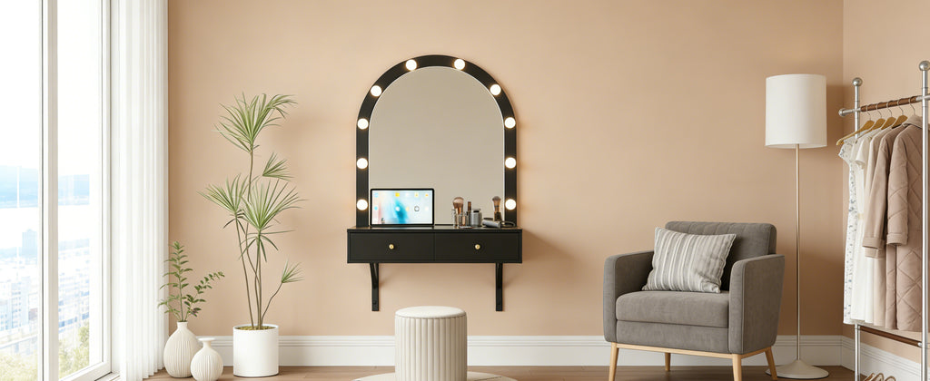 Floating Wall Mounted Makeup Vanity Desk with LED Mirror 3 Color Lights, Compact Dressing Table with Power Outlet & USB Charging, Space Saving Large Storage Vanity for Bedroom Bathroom, Black - Grand Goldman Shop
