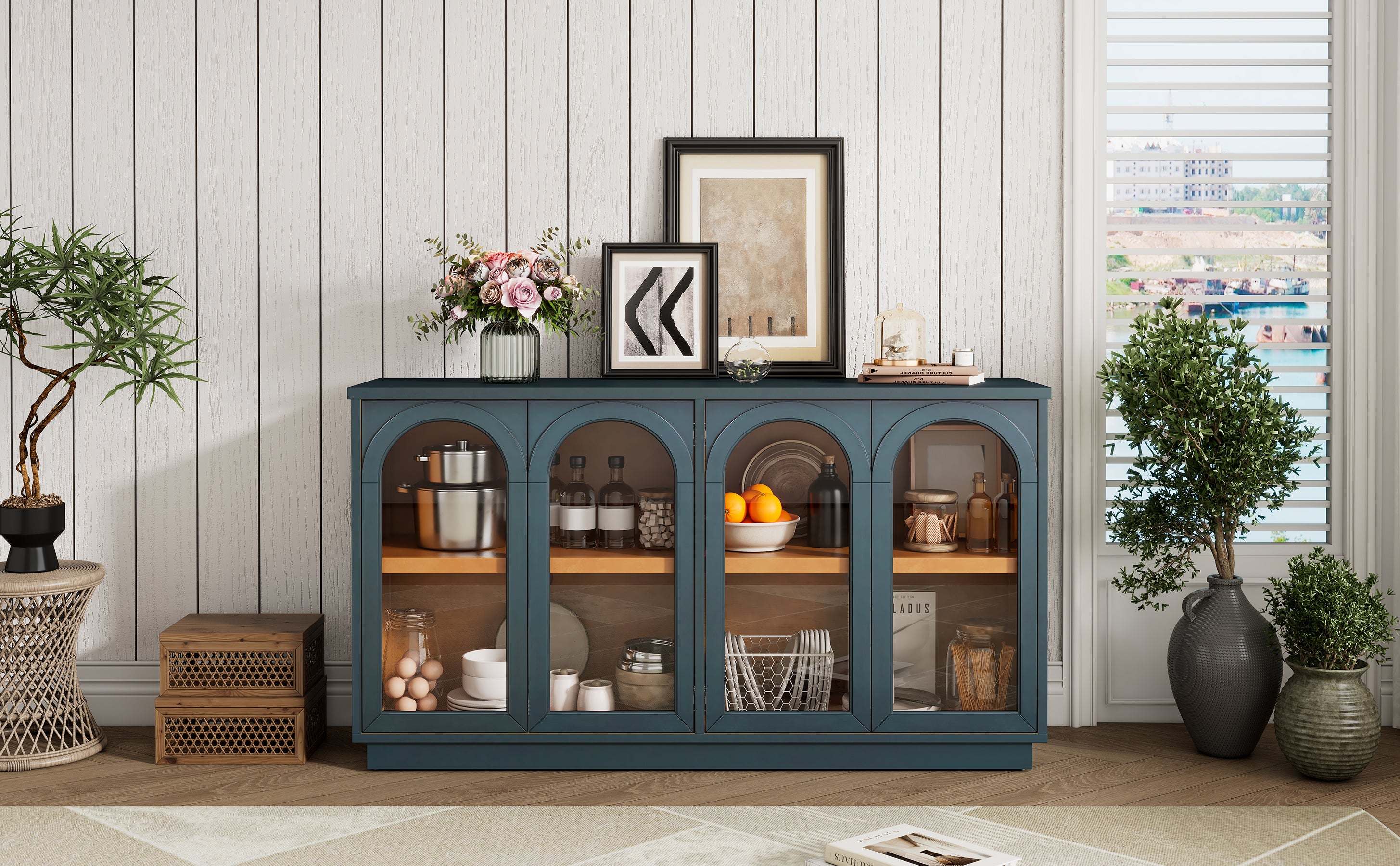 TREXM 4-Door Large Storage Buffet Cabinet with Glass Doors, Arched Cabinet with Adjustable Shelves for Kitchen, Dining Room and Living Room (Navy) - Grand Goldman Shop
