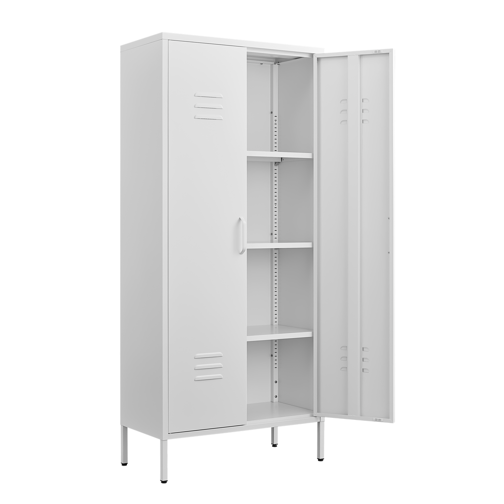 Modern Storage Cabinet with Adjustable Shelves, Magnetic Door Stopper, Aluminum Alloy Handles, and Breathable Design in White