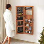 Solid Wood Jewelry Armoire Organizer Cabinet with Full-Length Mirror, Brown, Wall-Mounted Lockable with LED Light, 47.5x14.3 in - Grand Goldman Shop