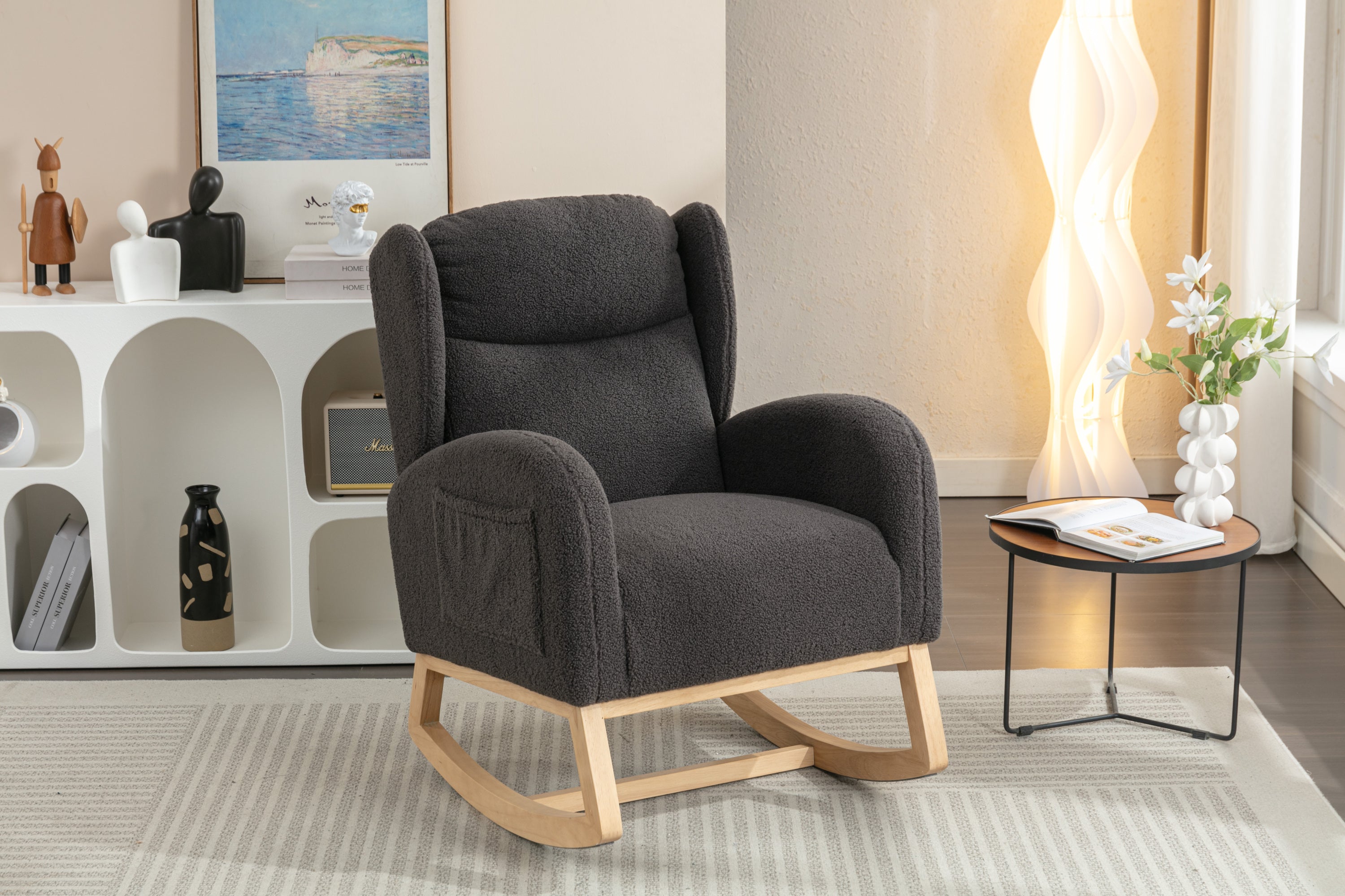 049-Teddy Fabric Rocking Chair With Packet Wood Legs,Dark Gray - Grand Goldman Shop