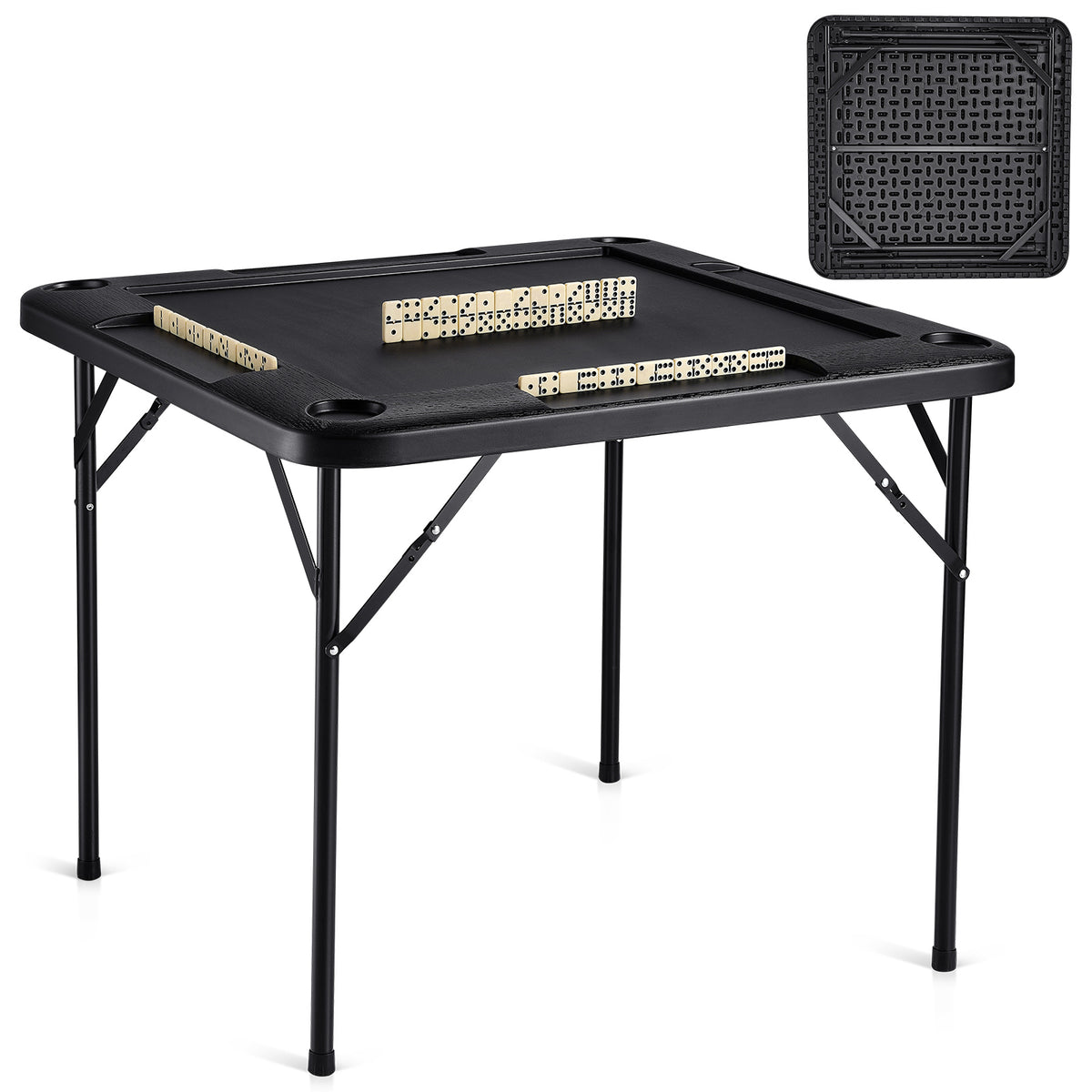 Mahjong Table 4 Player Folding Card Table & 4 Cup Holders Chip Trays Black | Premium Home Decor - Grand Goldman