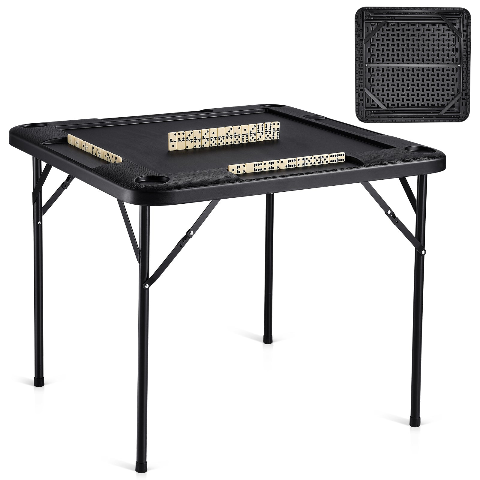 Mahjong Table 4 Player Folding Card Table & 4 Cup Holders Chip Trays Black | Premium Home Decor - Grand Goldman
