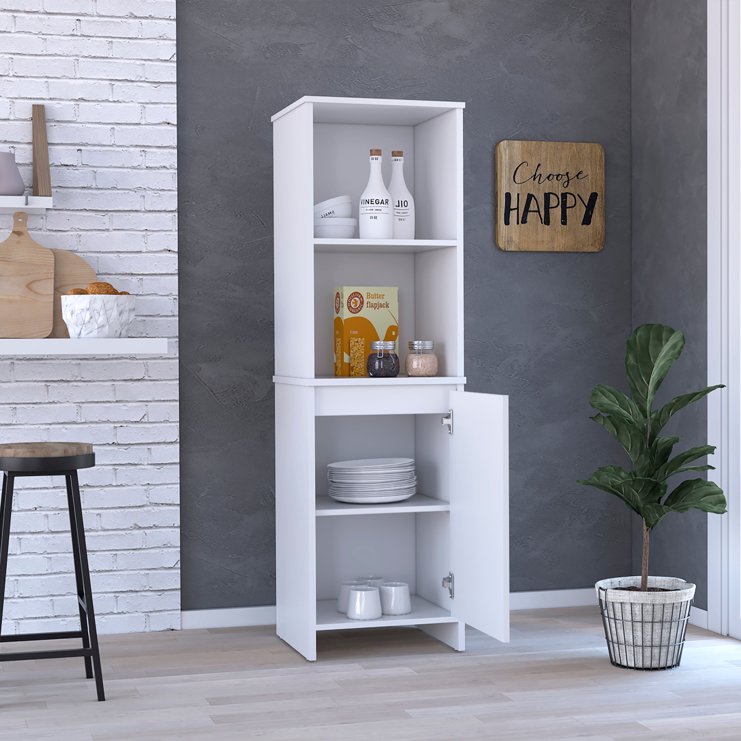 Eiffel Kitchen Pantry, Two External Shelves, Single Door Cabinet, Two Interior Shelves White -White | Premium Home Decor - Gr