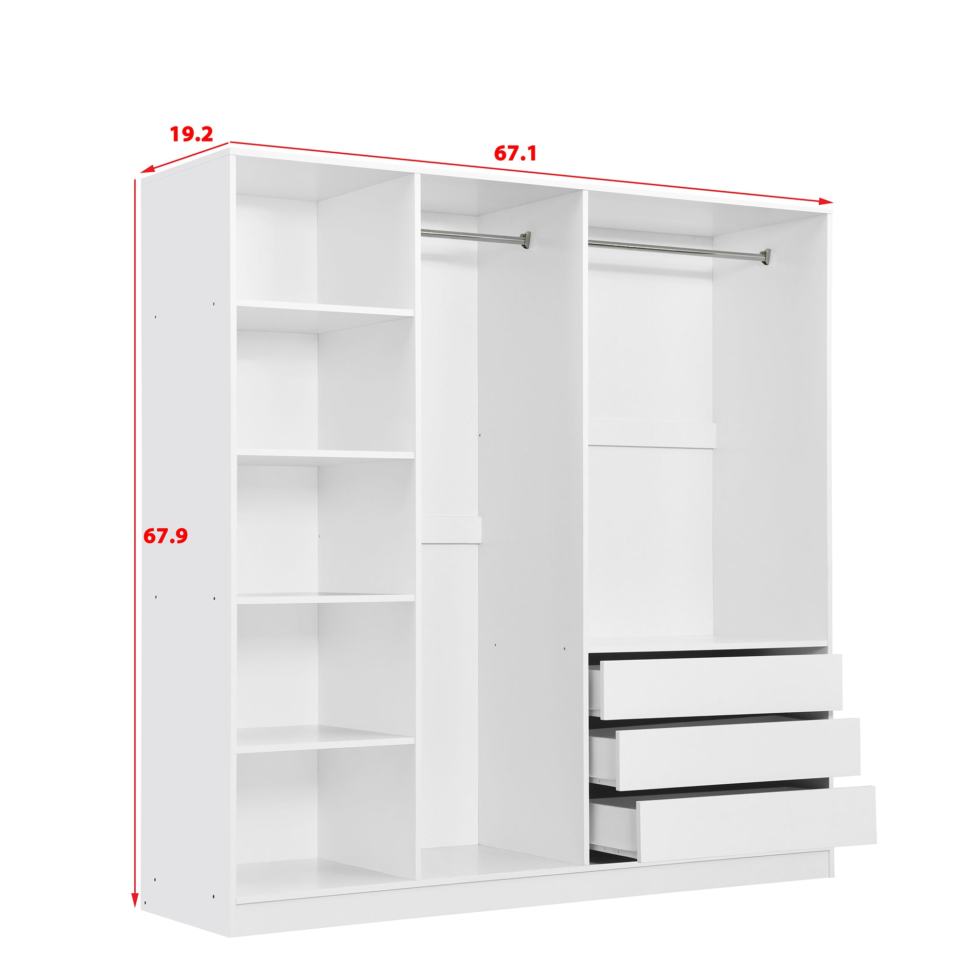 Doorless Wooden Storage Wardrobe for Dedroom with Shelves and 3 Drawers, White - Grand Goldman Shop
