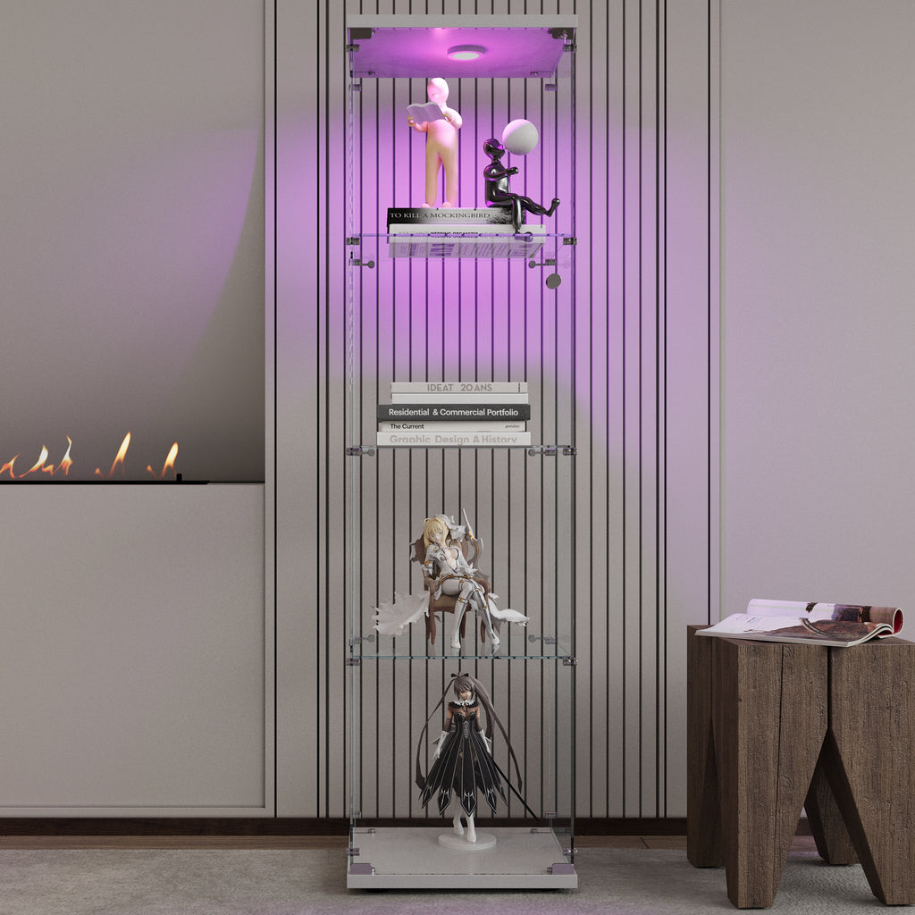 LED lights Glass Display Cabinet 4 Shelves with Door, Floor Standing Curio Bookshelf for Living Room Bedroom Office, 64.7'*16