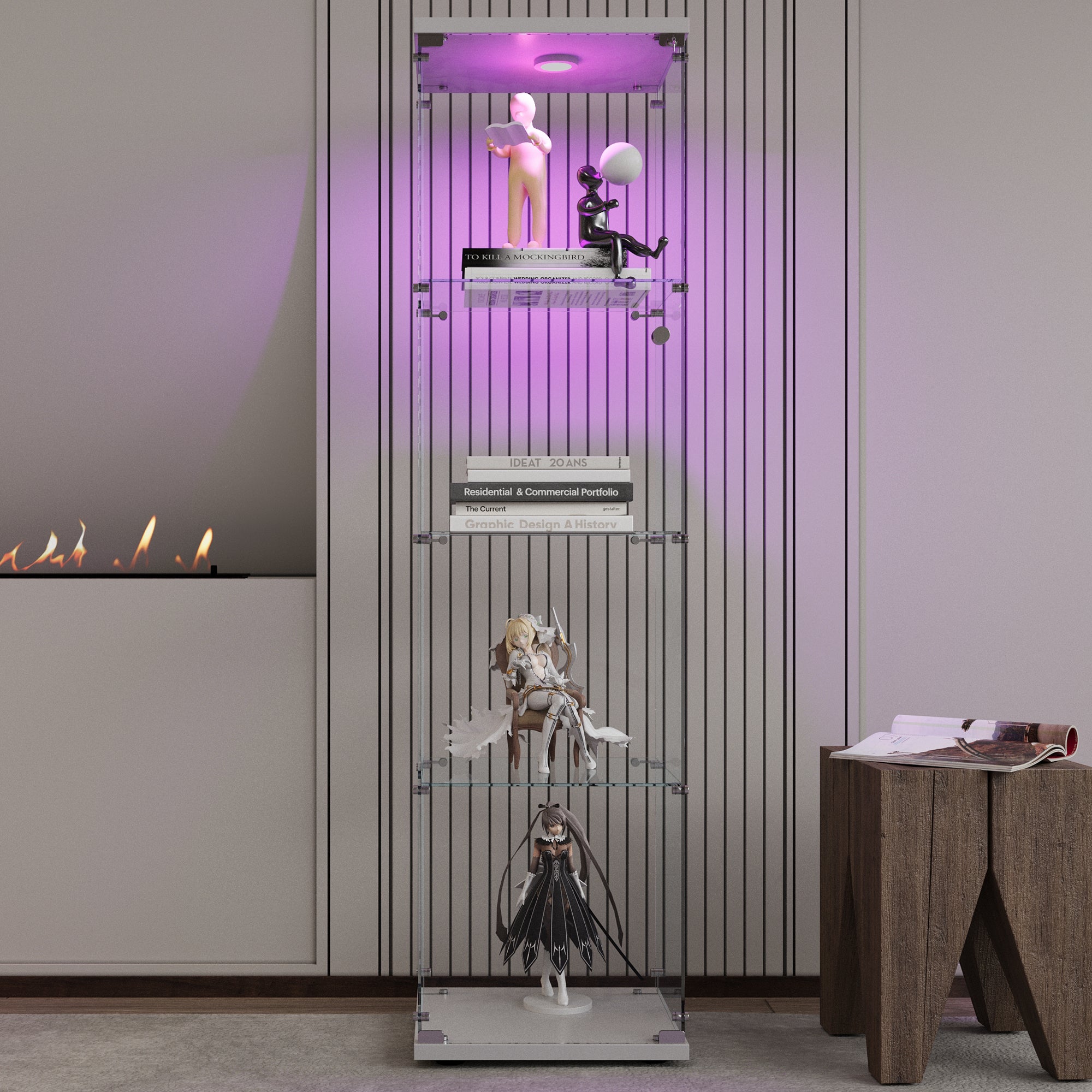 LED lights Glass Display Cabinet 4 Shelves with Door, Floor Standing Curio Bookshelf for Living Room Bedroom Office, 64.7'*16