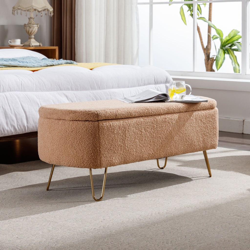 Camel Storage Ottoman Bench for End of Bed Gold Legs, Modern Camel Faux Fur Entryway Bench Upholstered Padded with Storage for Living Room Bedroom - Grand Goldman Shop