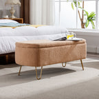 Camel Storage Ottoman Bench for End of Bed Gold Legs, Modern Camel Faux Fur Entryway Bench Upholstered Padded with Storage for Living Room Bedroom - Grand Goldman Shop