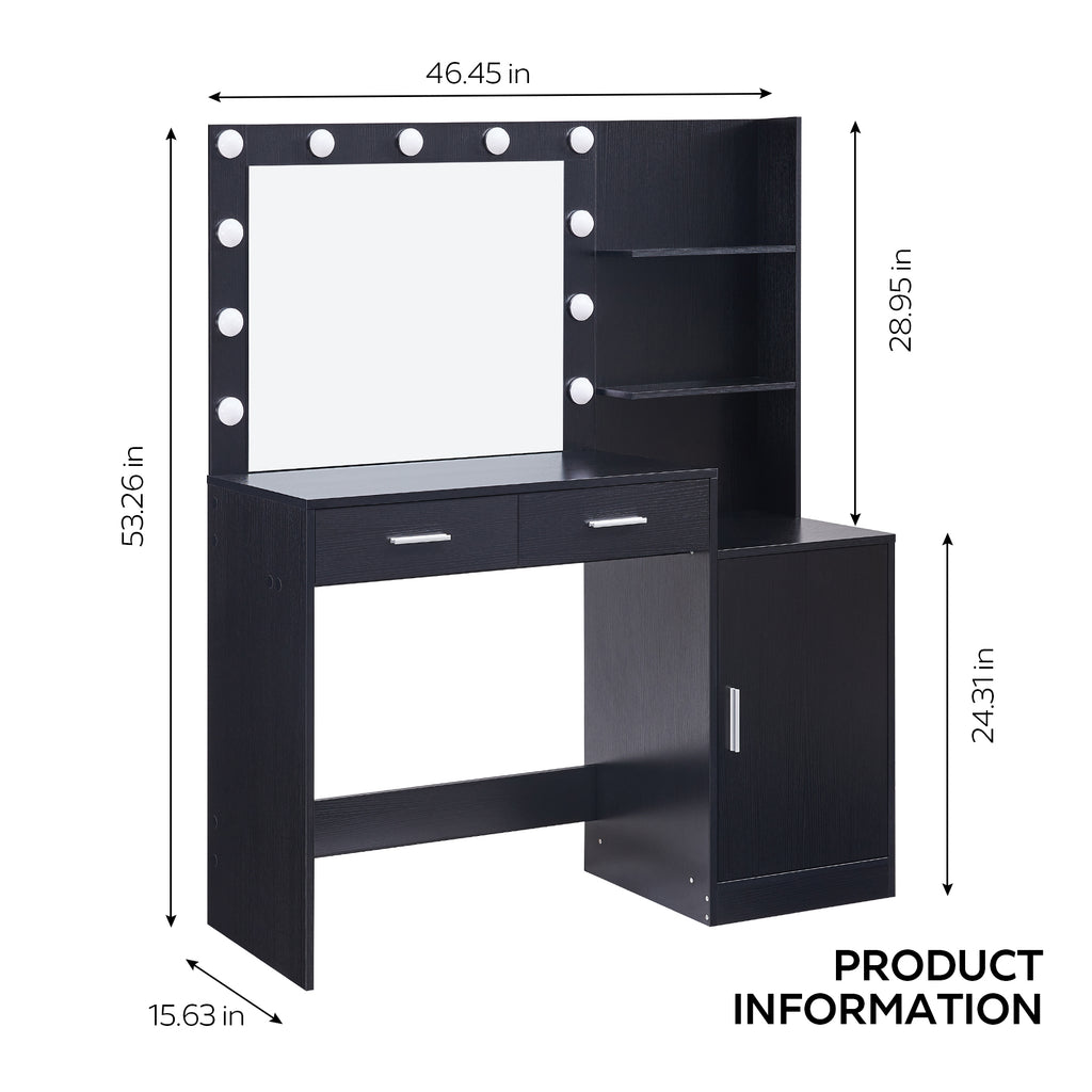 Modern Vanity Desk with Mirror and Lights, 46.4IN Dressing Table, Black MDF Wood, 3-Level Dresser with Adjustable Brightness - Grand Goldman Shop