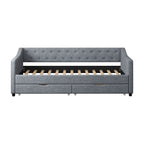 Twin Size Daybed with Drawers Upholstered Tufted Sofa Bed, with Button on Back and Piping on Waved Shape Arms-Light Grey - Grand Goldman Shop