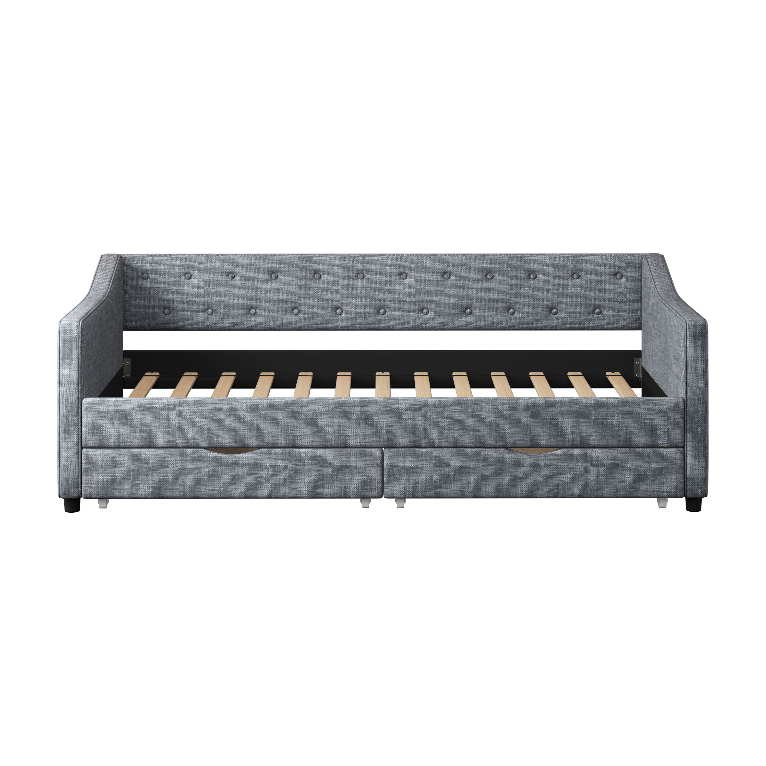 Twin Size Daybed with Drawers Upholstered Tufted Sofa Bed, with Button on Back and Piping on Waved Shape Arms-Light Grey - Grand Goldman Shop