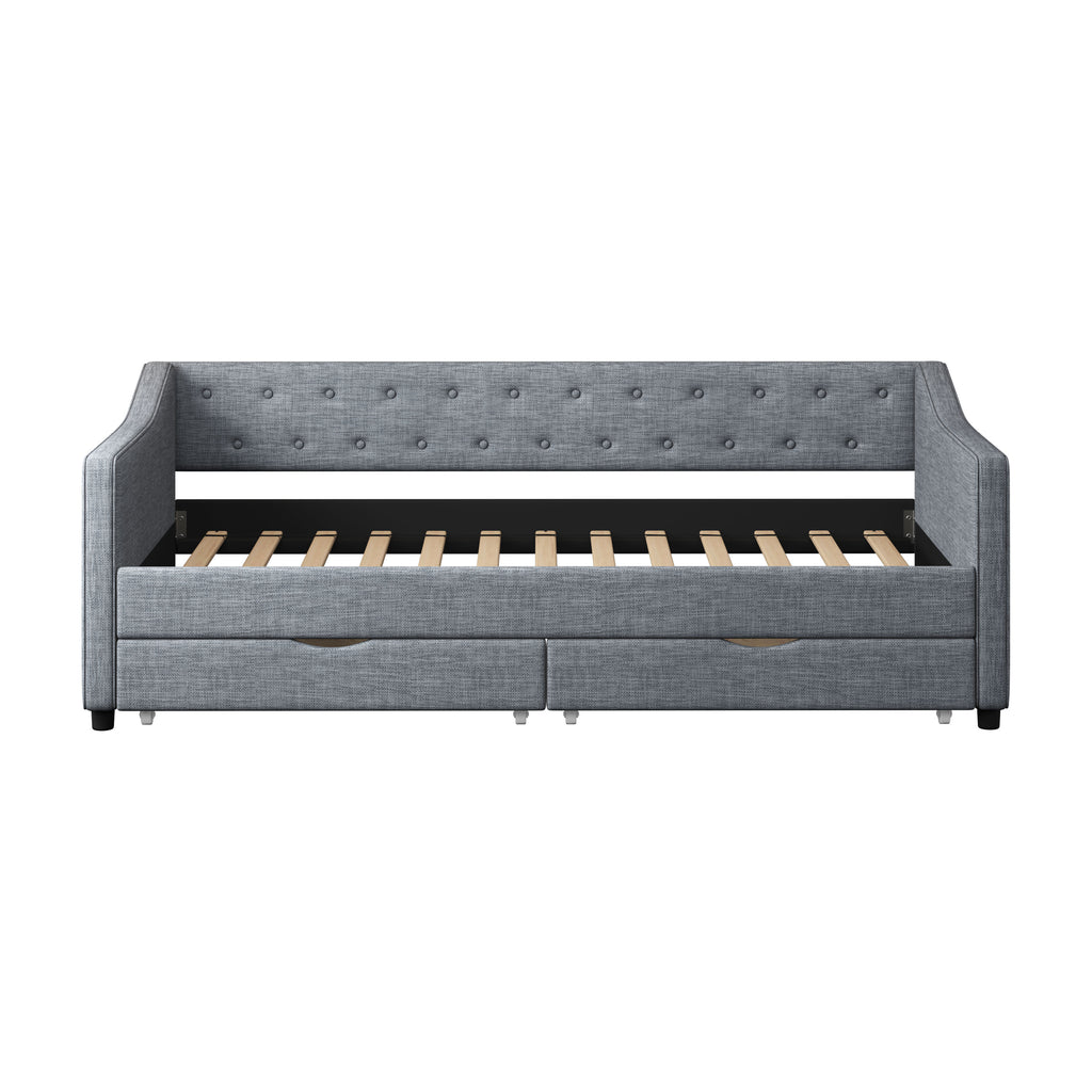 Twin Size Daybed with Drawers Upholstered Tufted Sofa Bed, with Button on Back and Piping on Waved Shape Arms-Light Grey - Grand Goldman Shop