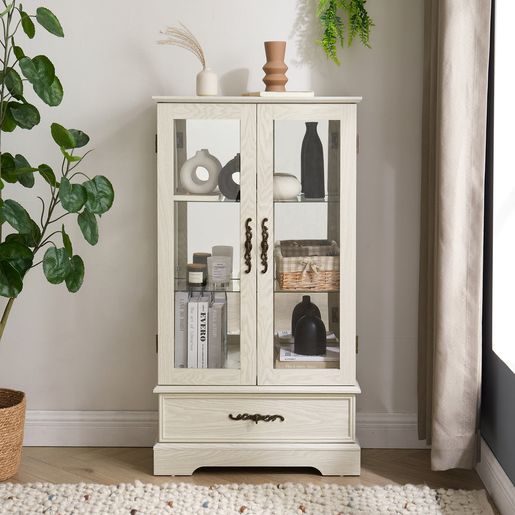 Glass Cabinet Lighted Glass Cabinet Curio Display Cabinet with Adjustable Glass Shelves 2 Doors and 1 drawer Cabinet Bulb Included White - Grand Goldman Shop