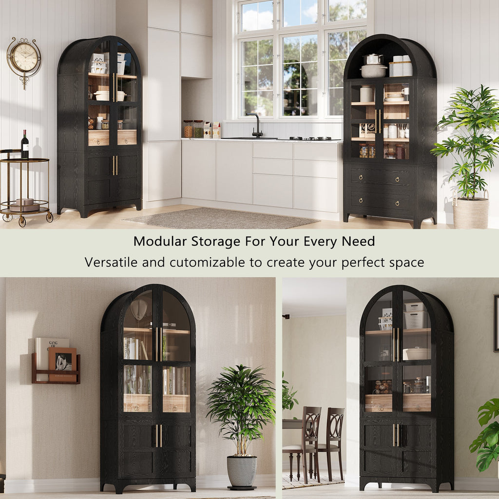 K&K 71' Tall Arched Kitchen Pantry Cabinet with Door Shelves, Farmhouse Kitchen Storage Cabinet with Open & Adjustable Shelves, Hidden Drawer & Glass Door, Cupboard for Kitchen, Dining Room, Black - Grand Goldman Shop