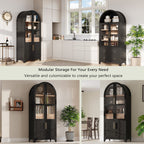 K&K 71' Tall Arched Kitchen Pantry Cabinet with Door Shelves, Farmhouse Kitchen Storage Cabinet with Open & Adjustable Shelves, Hidden Drawer & Glass Door, Cupboard for Kitchen, Dining Room, Black - Grand Goldman Shop
