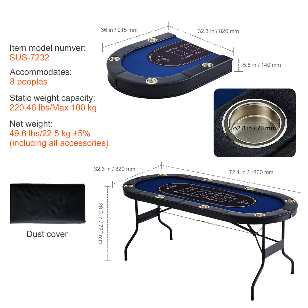 8 Player Foldable Poker Table, Blackjack Texas Holdem Poker Table with Padded Rails and Stainless Steel Cup Holders, Portable