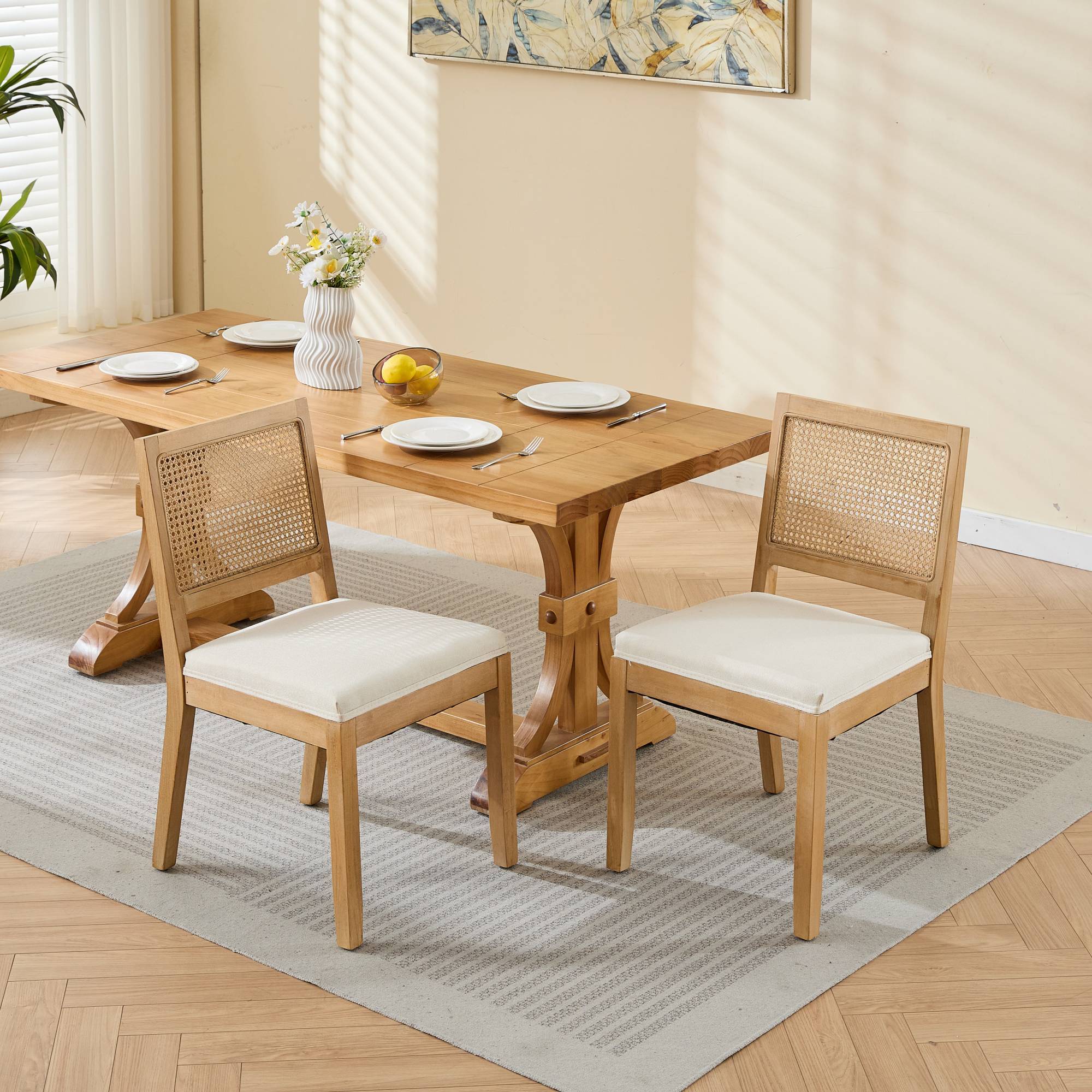 Farmhouse Rattan Dining Chairs Set of 2, Mid Century Modern Kitchen & Dining Room Chairs, Cane Upholstered Kitchen Side Chair with Natural Hardwood Frame, Beige - Grand Goldman Shop