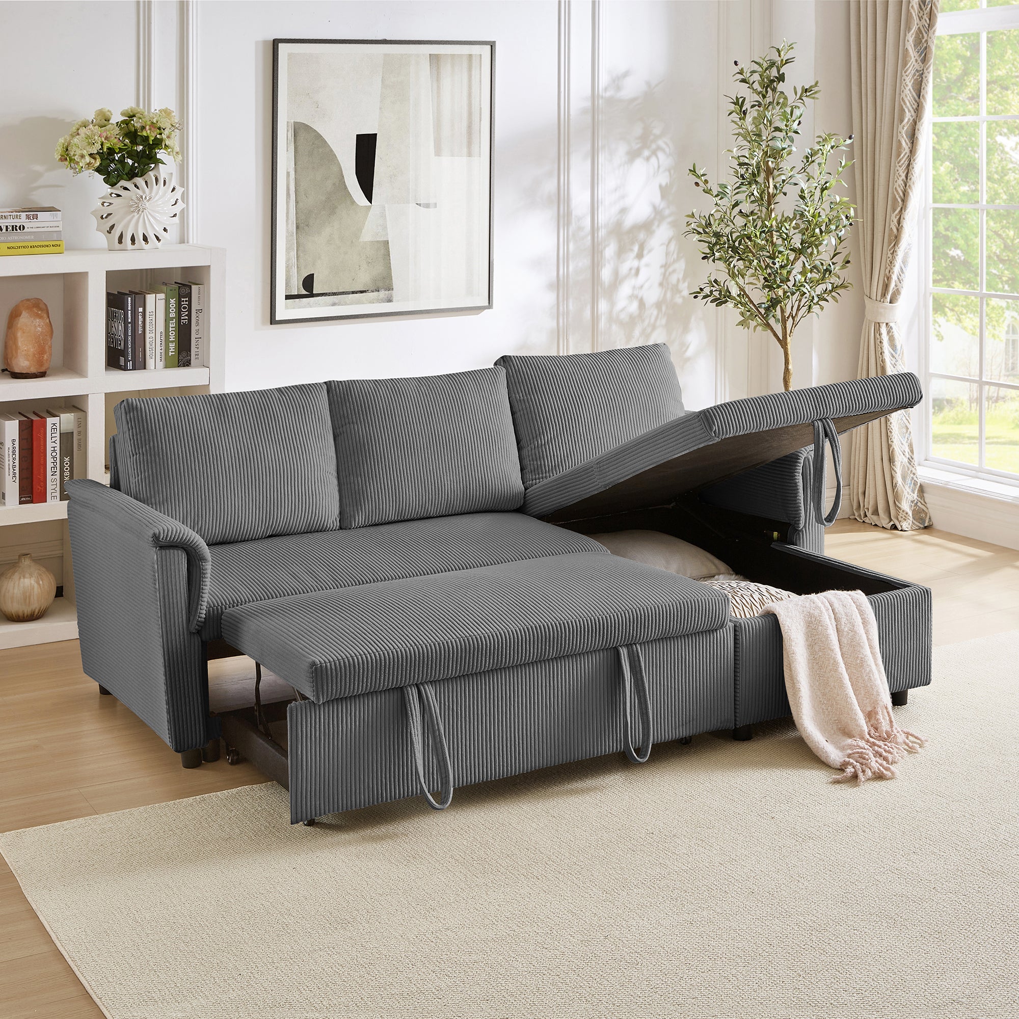 Loveseat Sofa with Chaise Lounge L-Shaped Modular Convertible Sofa with Storage Chaise, Corduroy Tufted Upholstered Sleeper Sectional Sofa,Pull Out Sleep Couch Bed and Reclining Backrest-Gray - Grand Goldman Shop