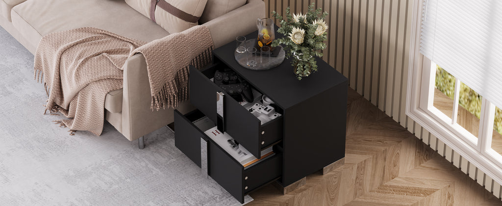 Modern End Table with Drawers, Elegant Nightstand with Metal Foot,Wood Bedside Table with Mirrored Metal Handles,Sofa Side End Table for Bedroom Living Room Office,Black - Grand Goldman Shop
