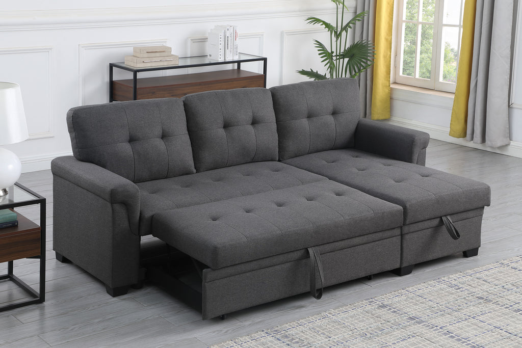 Lucca 84' Dark Gray Linen Reversible Sleeper Sectional Sofa with Storage Chaise - Grand Goldman Shop