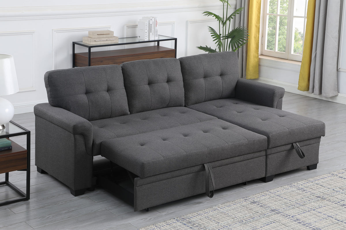 Lucca 84' Dark Gray Linen Reversible Sleeper Sectional Sofa with Storage Chaise - Grand Goldman Shop