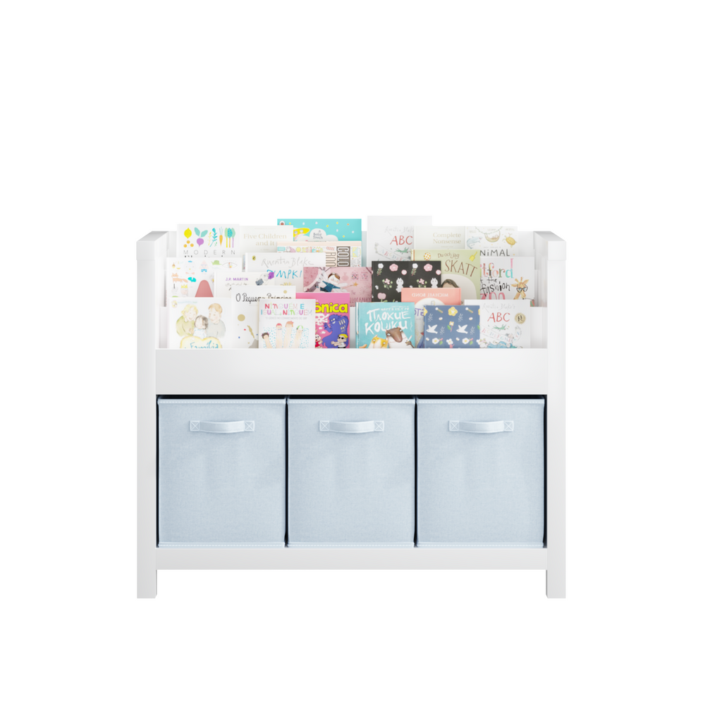 Kids Bookshelf with 3 Tier Front-Facing Storage and 3 Fabric Bins, Wooden Toddler Bookcase for Playroom, Nursery, Bedroom – K
