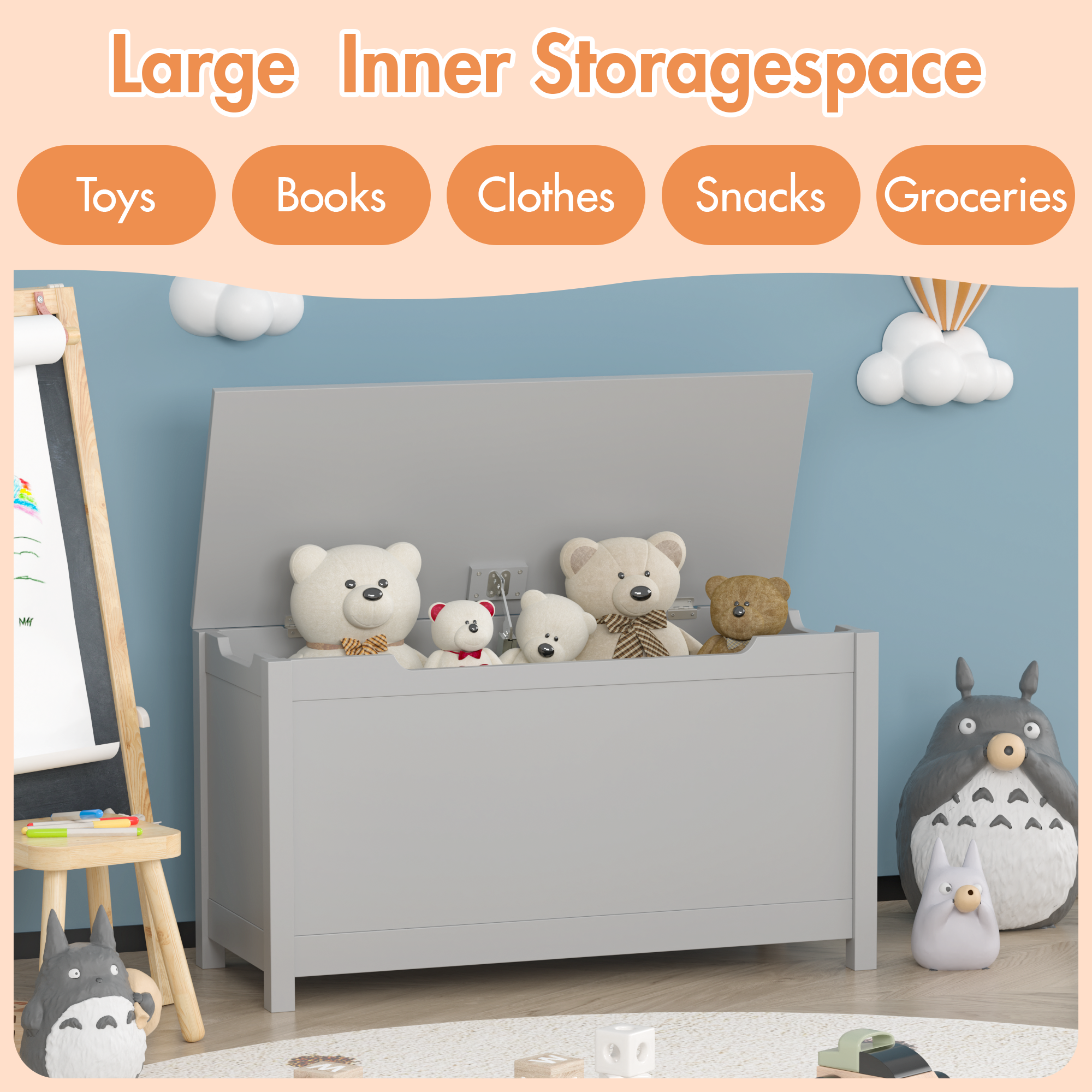 Kids Wooden Toy Box Storage with Safety Hinged Lid for Ages 2+ (Gray) | Premium Home Decor - Grand Goldman