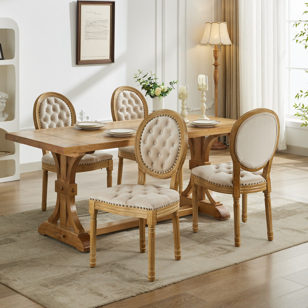 French Style Solid Wood Frame Antique Painting,Hand-pulled buckle decoration Velvet artificial leather Dining Chair with Nailhead Trim ,Wood Legs,Steel Spring inner,Set of 2,Beige,SW1739BG - Grand Goldman Shop
