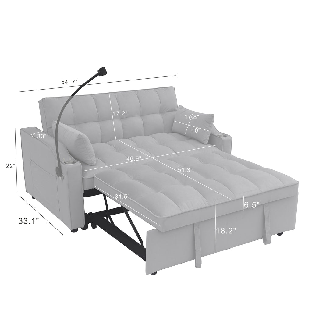 Modern Velvet Loveseat Futon Sofa Couch with Pullout Bed, Adjustable Backrest, Toss Pillows, Light Gray - Grand Goldman Shop