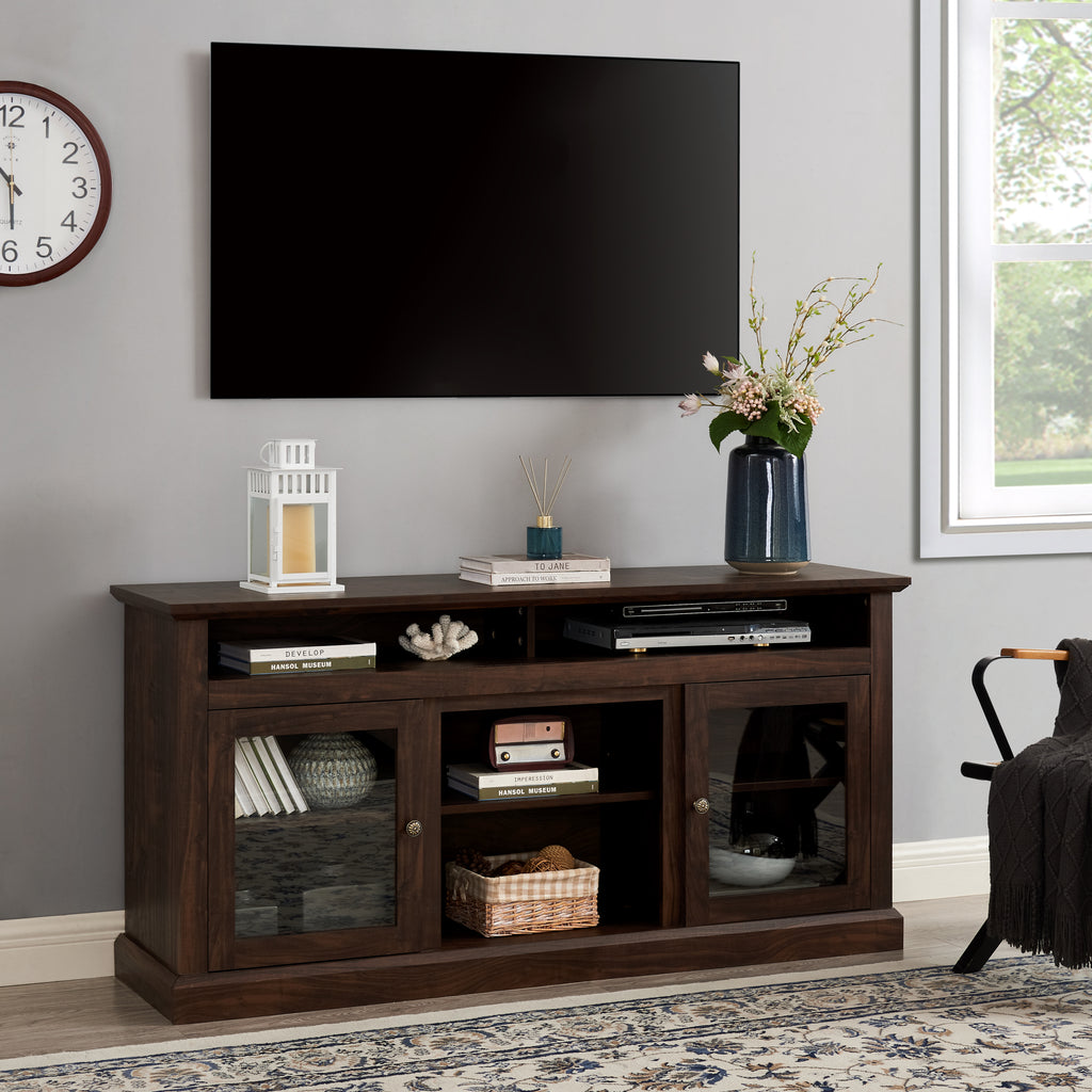 Modern TV Stand for up to 65 Inch TVs, Entertainment Center Farmhouse TV Cabinet Media Console Table with Glass Doors for Living Room, Brown 60'W*15.75'D*29'H - Grand Goldman Shop