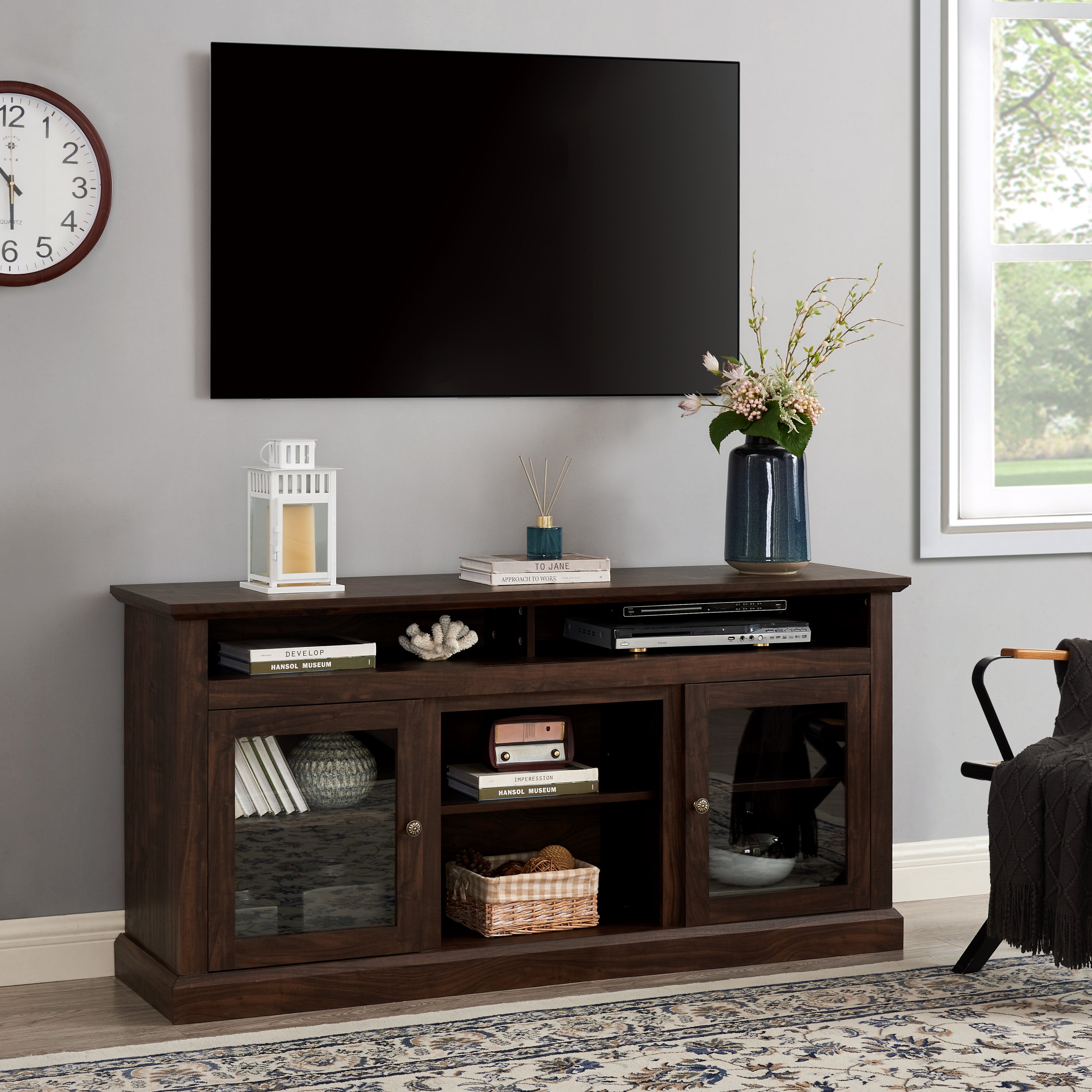 Modern TV Stand for up to 65 Inch TVs, Entertainment Center Farmhouse TV Cabinet Media Console Table with Glass Doors for Living Room, Brown 60'W*15.75'D*29'H - Grand Goldman Shop