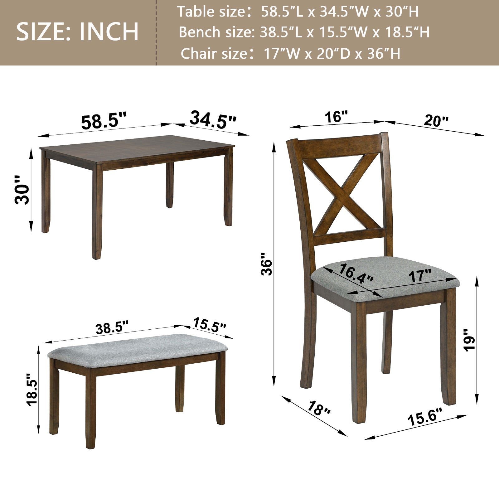 6PCs Kitchen Dining Set, Rectangular Wooden Dining Table with 4 Upholstered Chairs and a Bench, Dining Table Set for 6 People, Living Room, Home Bar and Kitchen, Walnut - Grand Goldman Shop