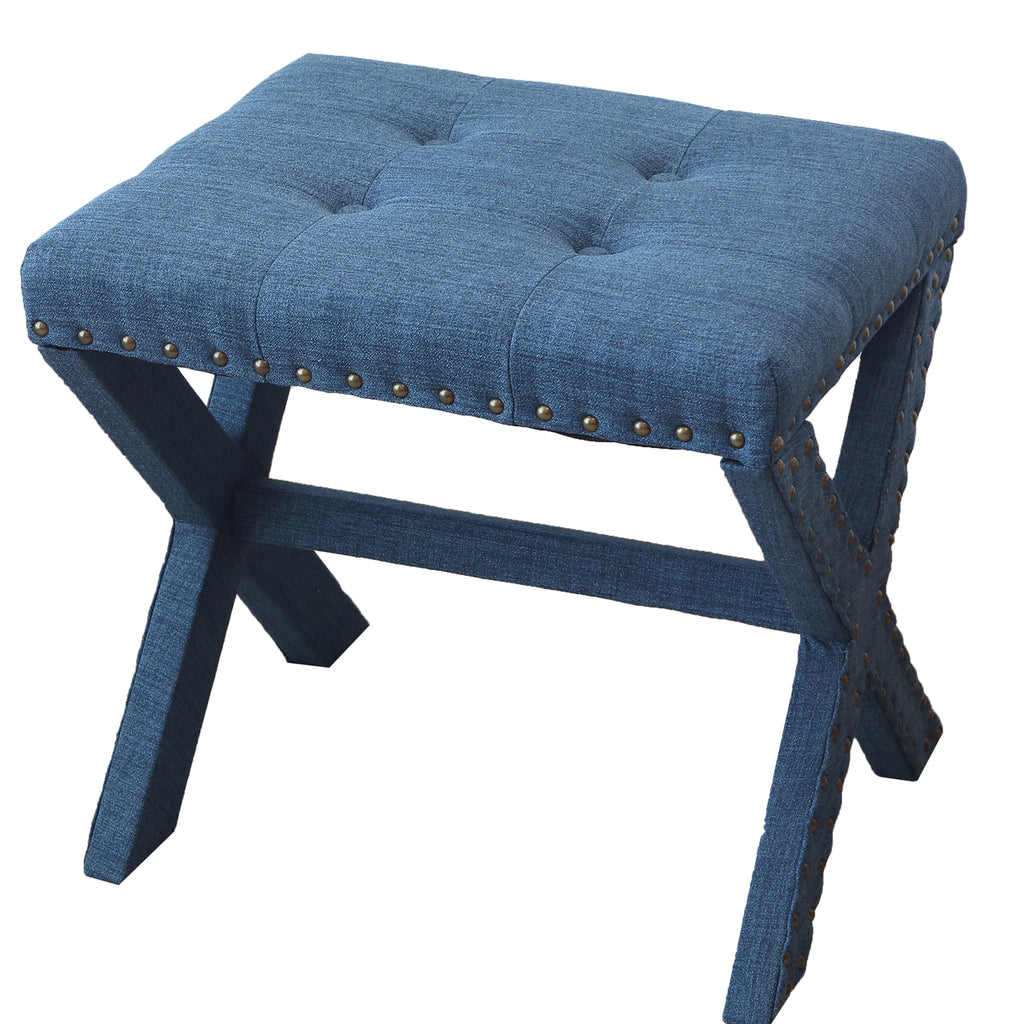 Accent Stool, Tufted Linen Upholstered Chair, X-Base Wood Seat with Nailhead Trim, 17'D x 19'W x 17'H, 300 lbs Capacity - Grand Goldman Shop