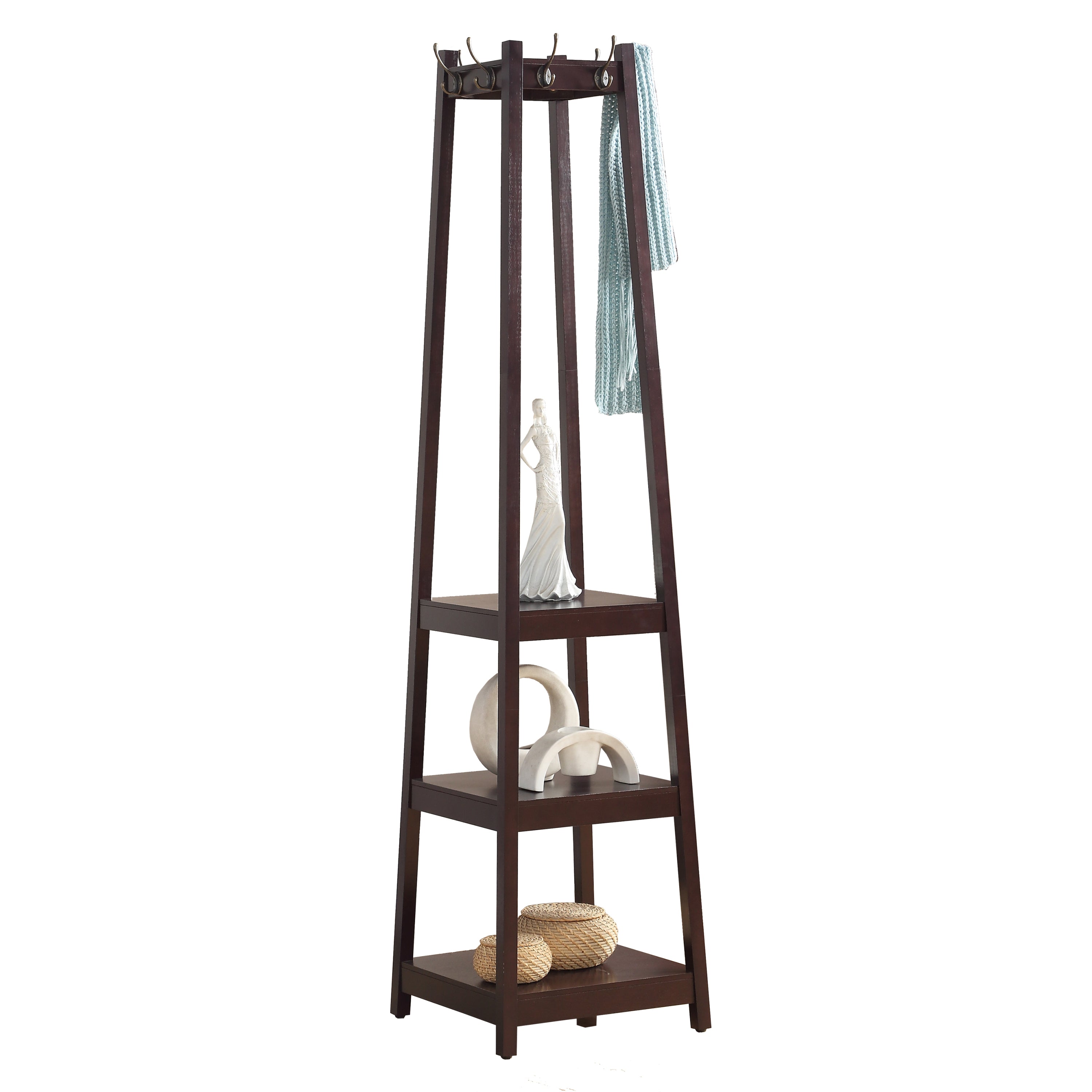 Vassen Coat Rack w/ 3-Tier Storage Shelves in Espresso Finish - Grand Goldman Shop