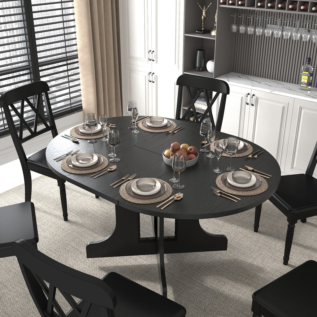 Farmhouse Kitchen Dining Table 59x43 Inch Expandable Oval Top with Removable Leaf Black MDF - Grand Goldman Shop