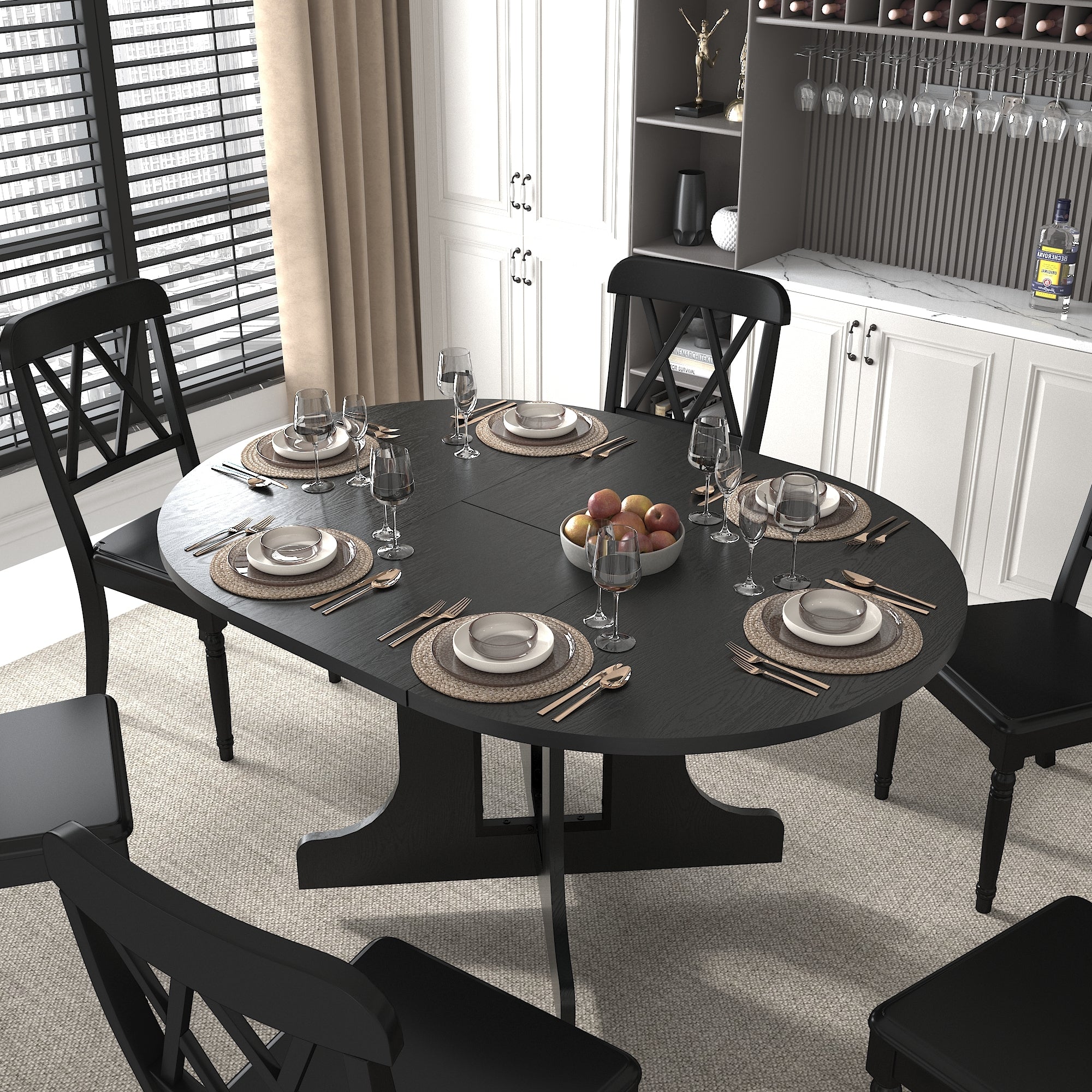 Farmhouse Kitchen Dining Table 59x43 Inch Expandable Oval Top with Removable Leaf Black MDF - Grand Goldman Shop