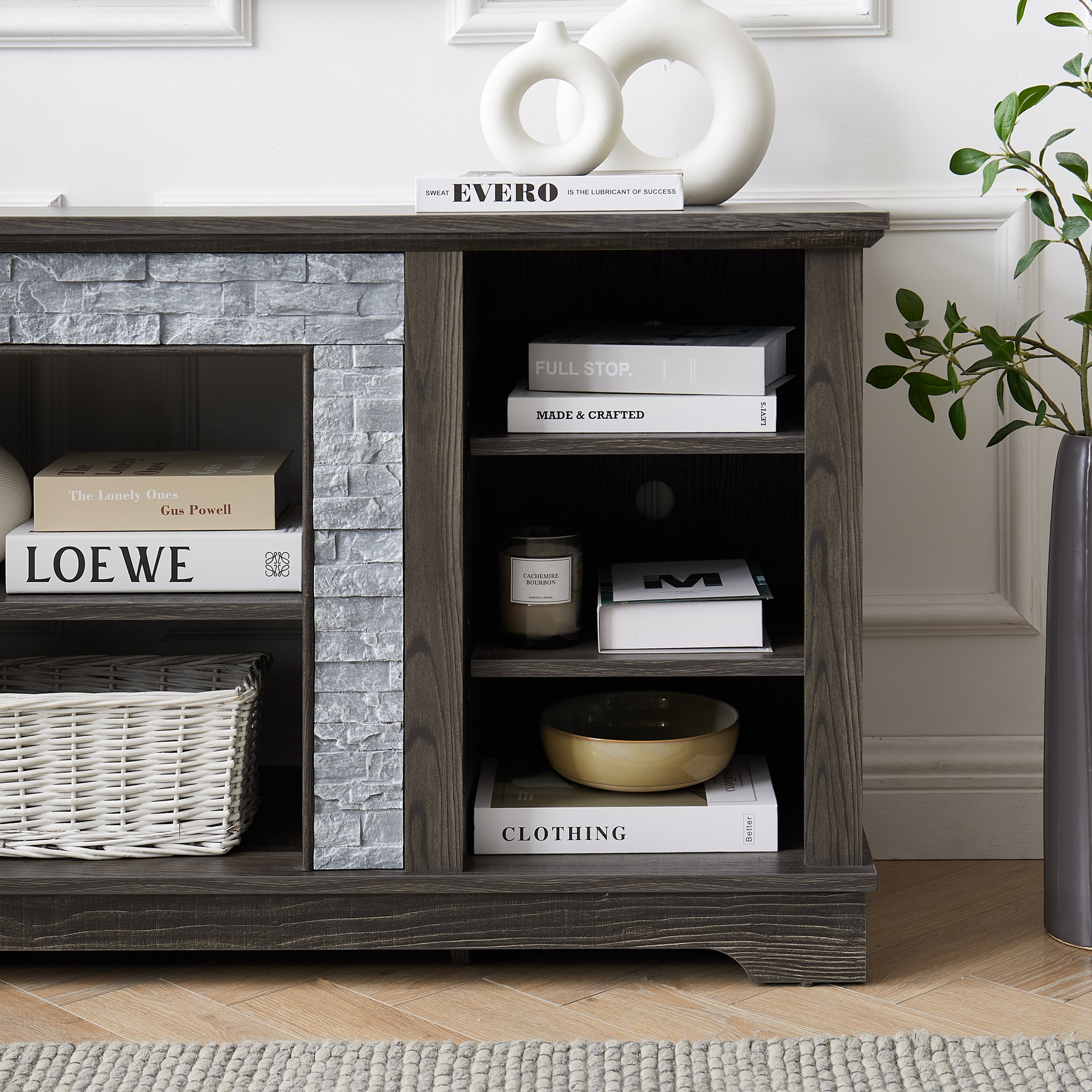 Mantel Stone TV Media Stand with with Faux Stacked Stone Surround, Modern Entertainment Console with Open Storage Space,Grey, 58.31'W*15.39'D*26.06'H - Grand Goldman Shop