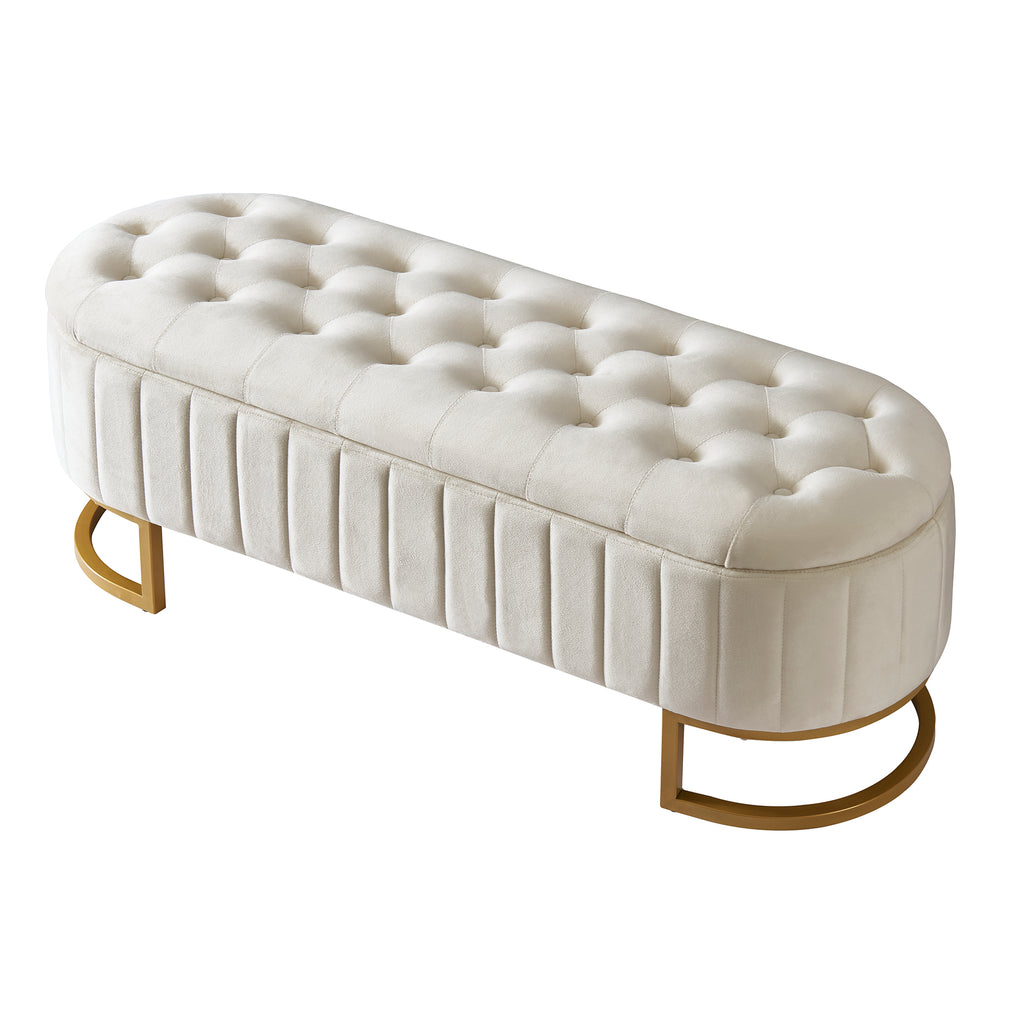 Elegant Upholstered Velvet Storage Ottoman with Button-Tufted,Storage Bench with Metal Legs for Bedroom,Living Room,Fully Assembled Except Legs,Beige - Grand Goldman Shop