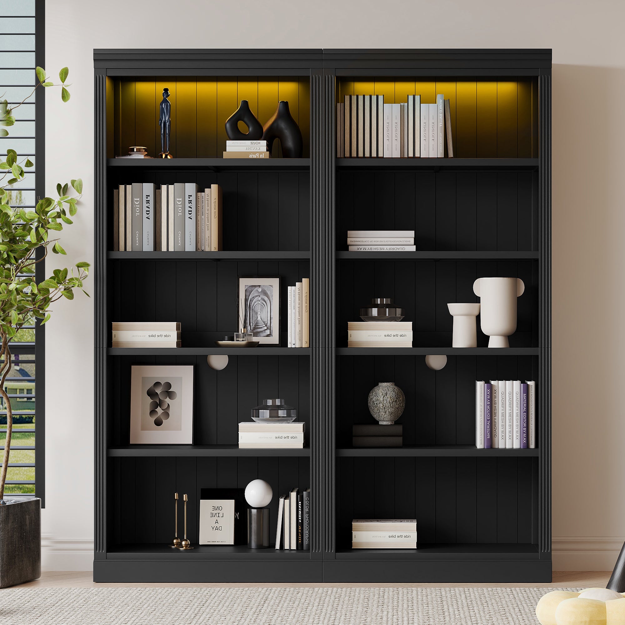 83' Tall Wood Bookcase Suite with light strip ,5-Tier Home Decor Bookcase Suite with Adjustable Shelves,Storage Organizer,Fre