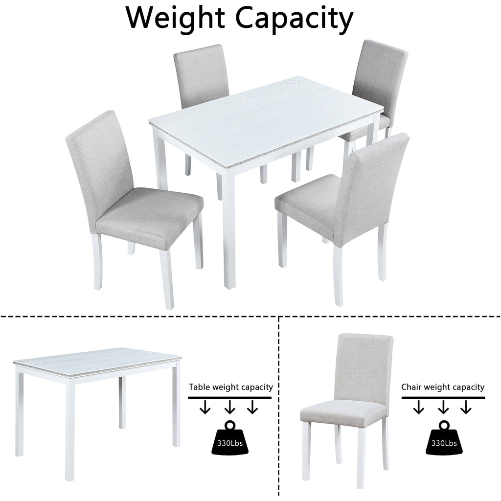 5-Piece Wooden Dining Table Set with Rectangular Table and 4 Upholstered Chairs – White Dining Room Set with Crystal Decoration for Kitchen or Dining Room - Grand Goldman Shop