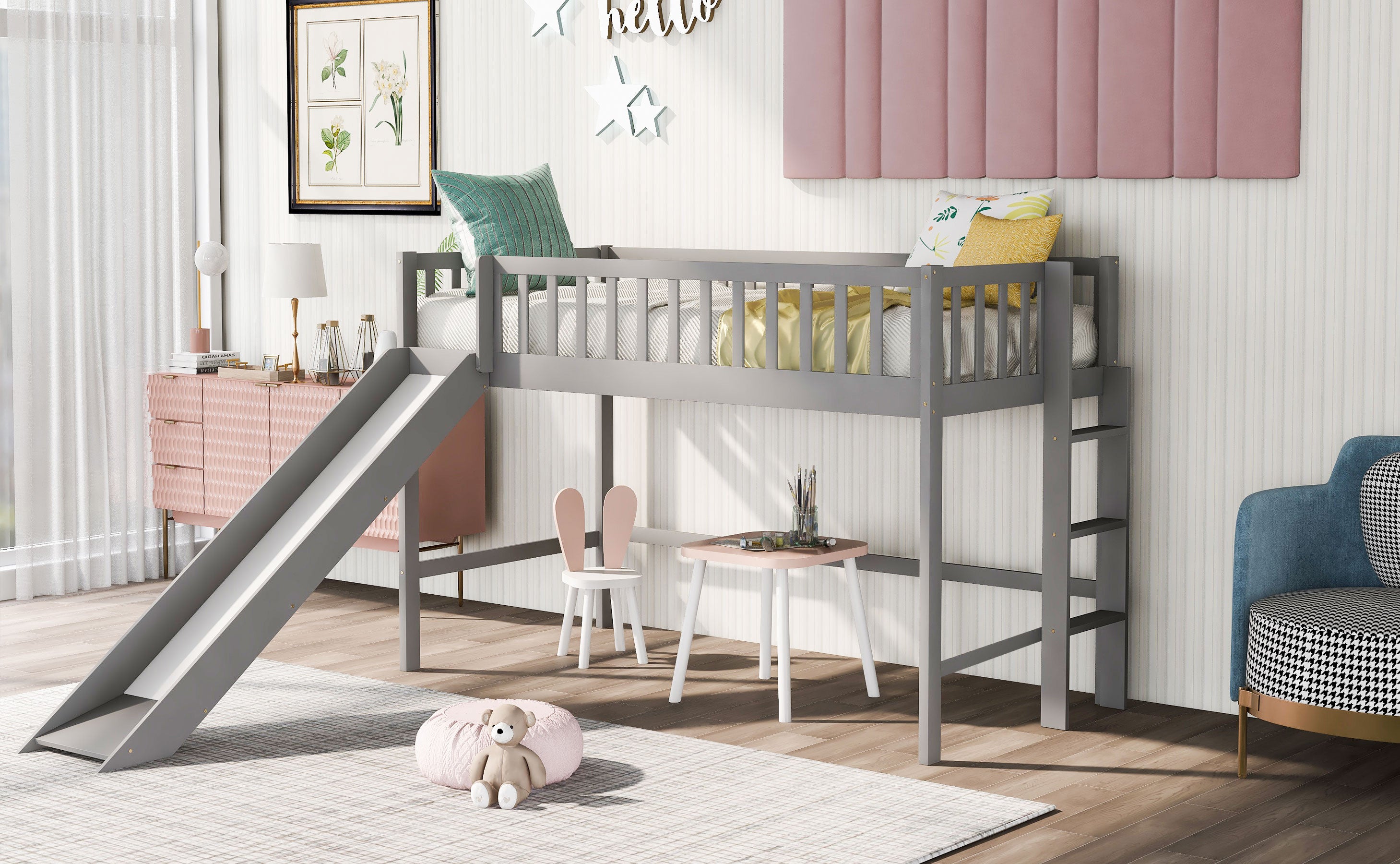 Twin Size Low Loft Bed with Ladder and Slide, Gray(OLD SKU:WF196418AAE) - Grand Goldman Shop