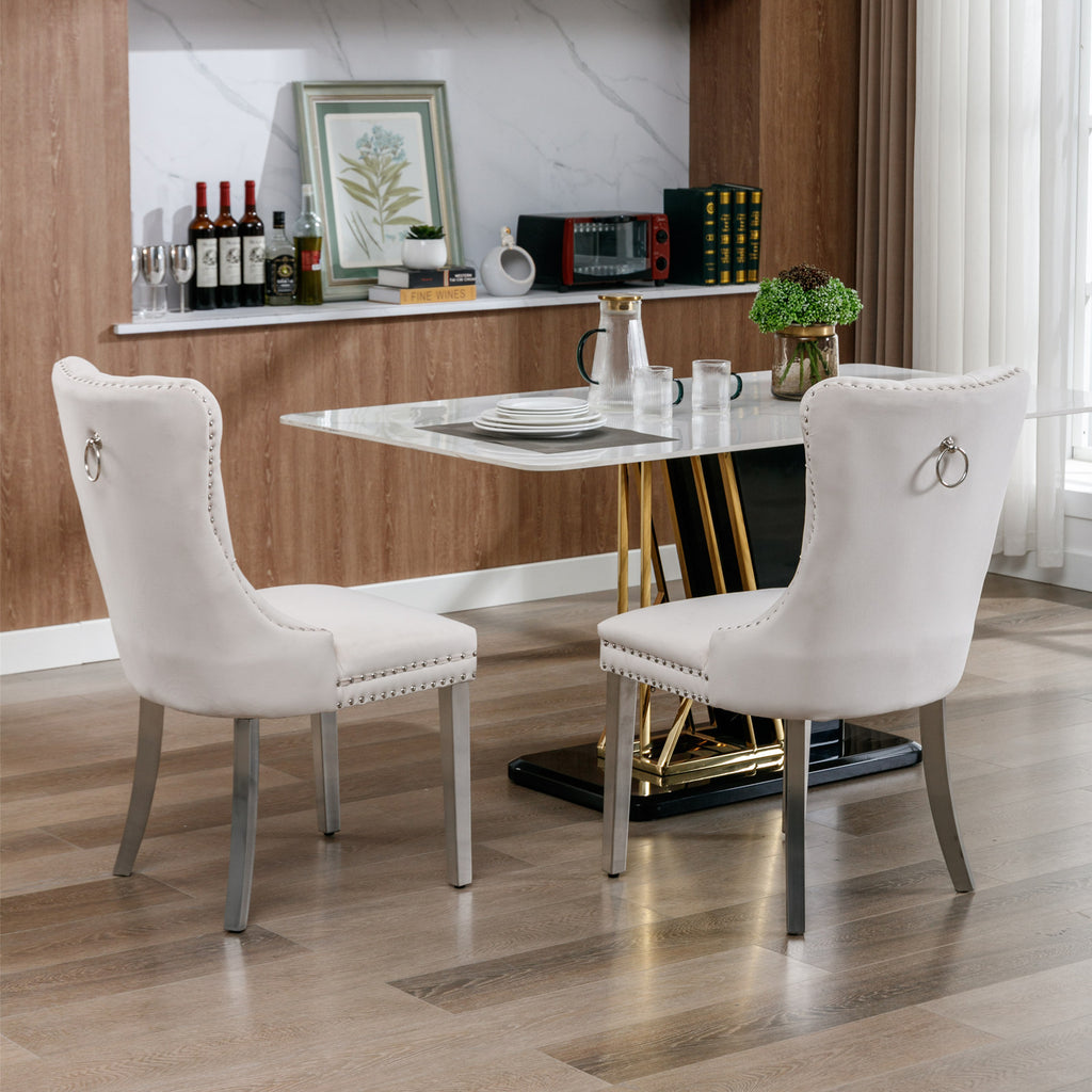Nikki Collection Modern, High-end Tufted Solid Wood Contemporary Velvet Upholstered Dining Chair with Chrome Stainless Steel Plating Legs,Nailhead Trim,Set of 2，Beige and Chrome, SW1701BG - Grand Goldman Shop