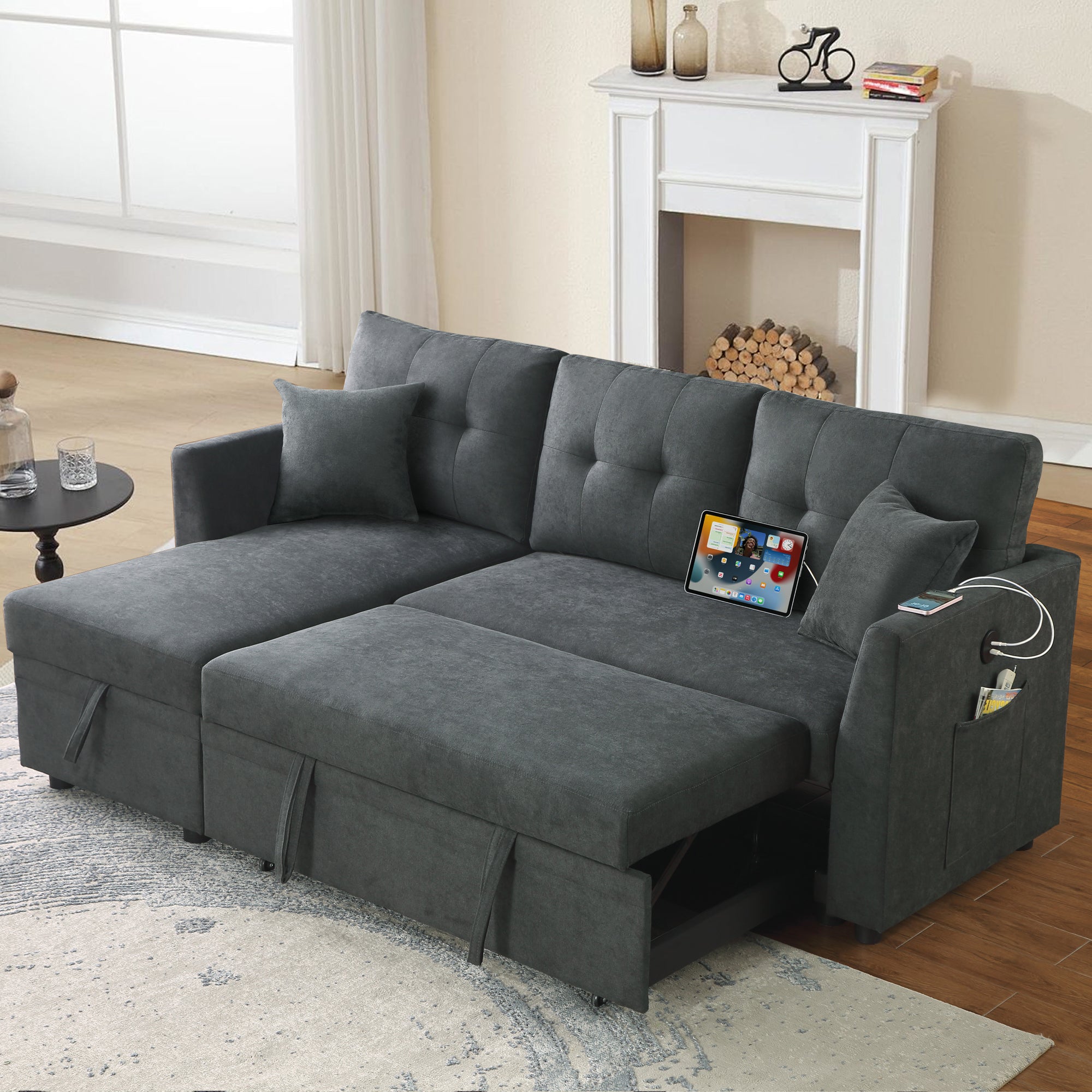 Sectional Sofa Bed L-Shaped Sofa Couch Bed with USB Port, Reversible Sofa Couch Sleeper with Pull Out Bed, Chaise with Storage, Pull Out Couch for Living Room - Grand Goldman Shop