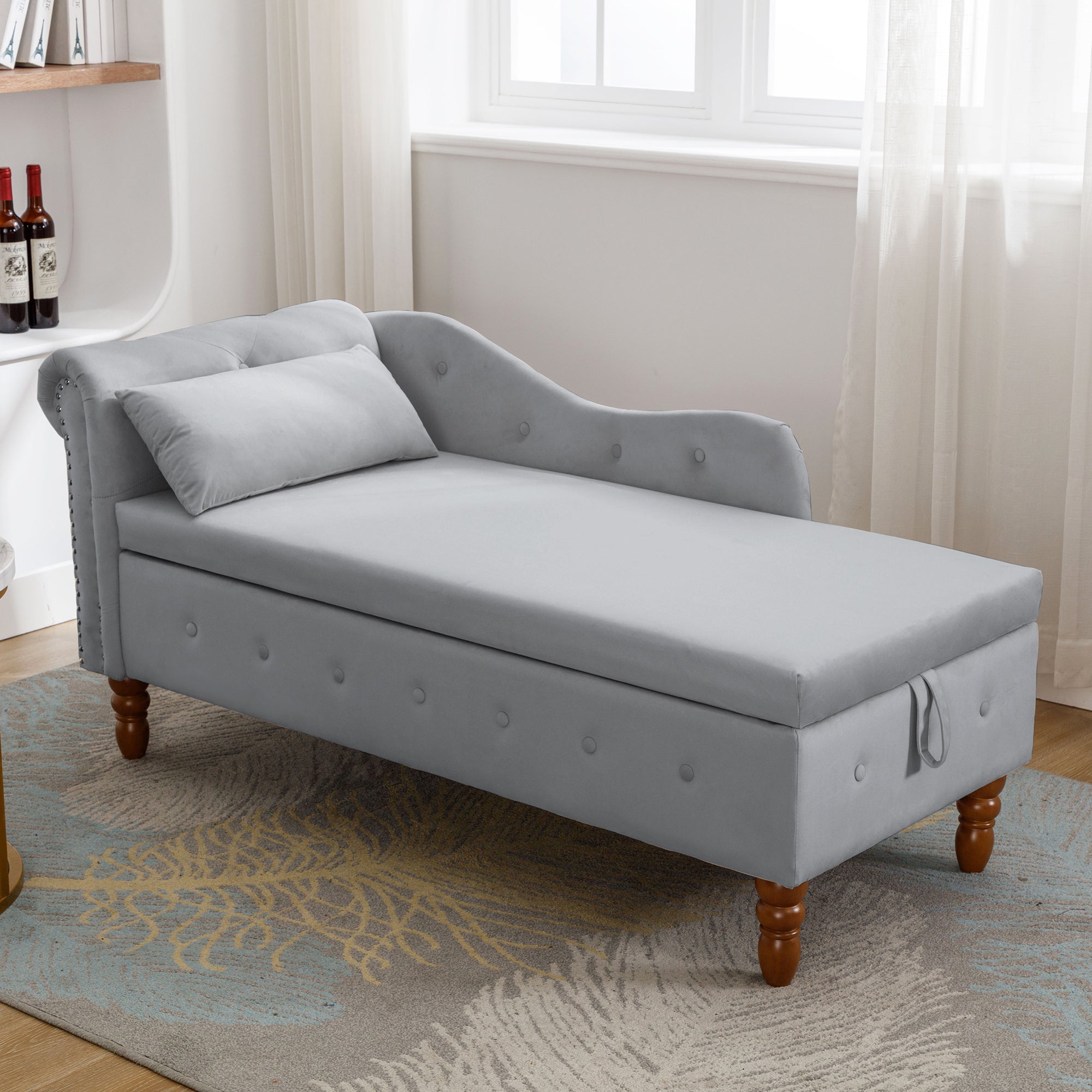 Grey Chaise Lounge Indoor, Velvet Lounge Chair for Bedroom with Storage & Pillow, Modern Upholstered Rolled Arm Chase Lounge for Sleeping with Nailhead Trim for Living Room Bedroom Office - Grand Goldman Shop