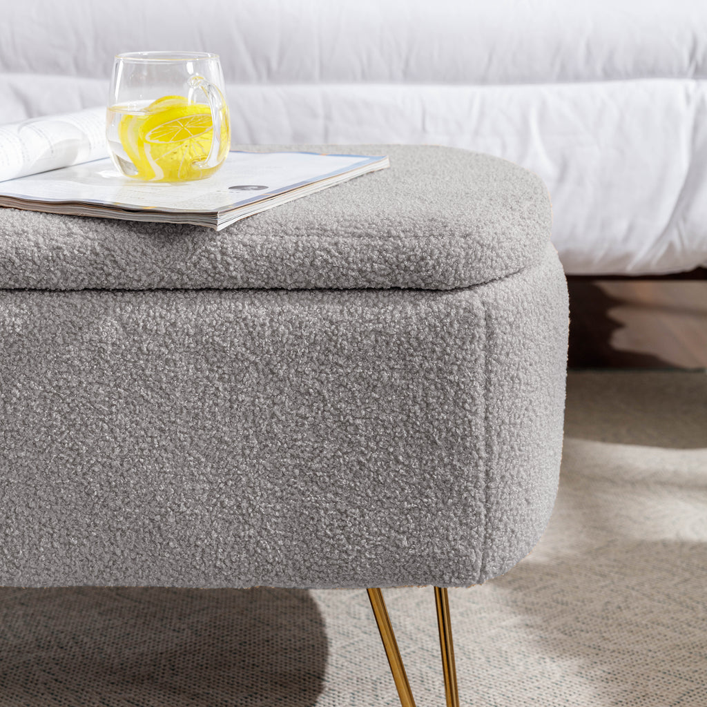 Grey Storage Ottoman Bench for End of Bed Gold Legs, Modern Grey Faux Fur Entryway Bench Upholstered Padded with Storage for Living Room Bedroom - Grand Goldman Shop