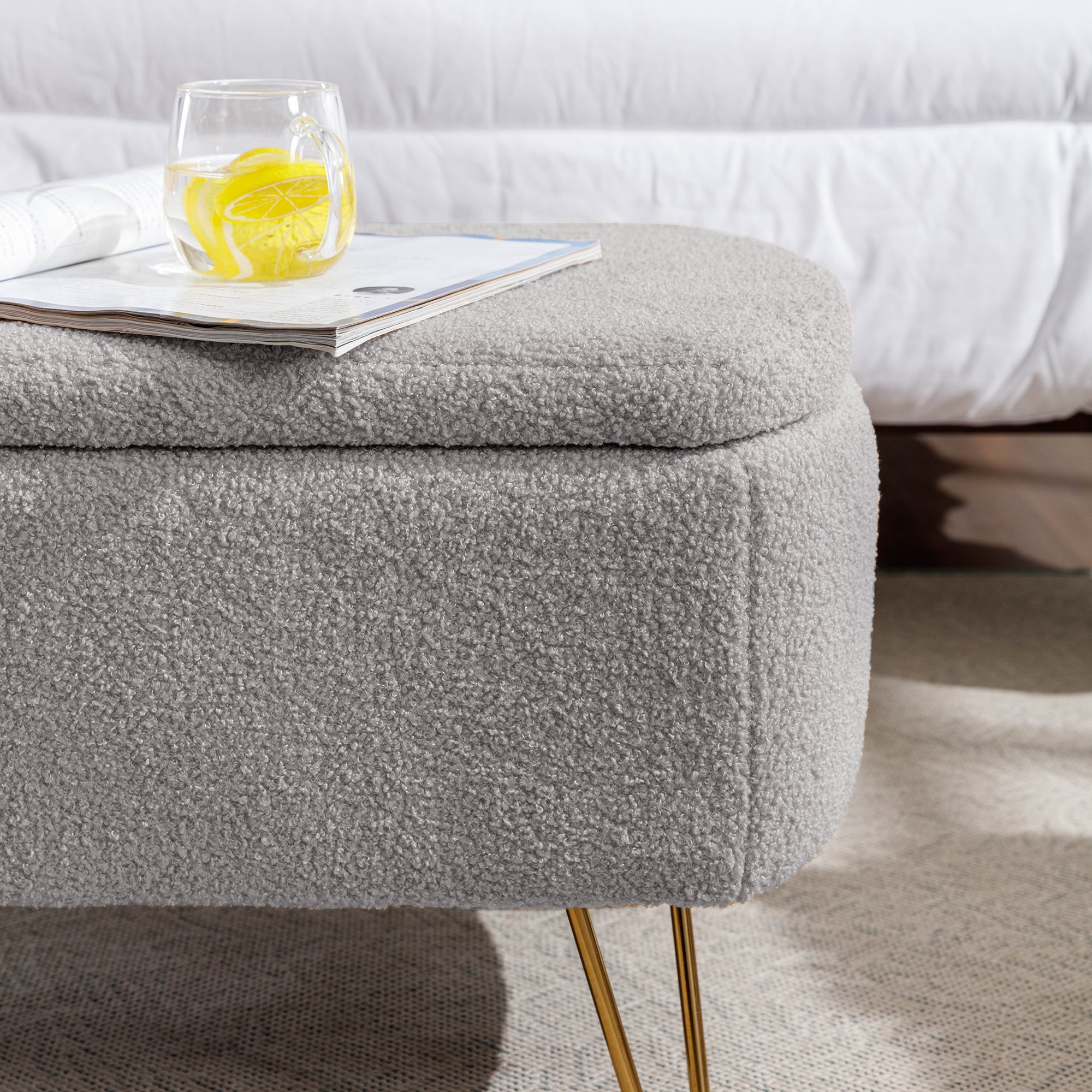 Grey Storage Ottoman Bench for End of Bed Gold Legs, Modern Grey Faux Fur Entryway Bench Upholstered Padded with Storage for Living Room Bedroom - Grand Goldman Shop
